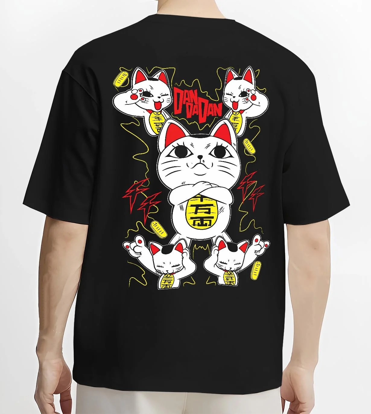 Black T-shirt worn by male model, back view with Turbo Granny Hoodie Dandadan Paranormal Spirit Form graphic streetwear graphic.