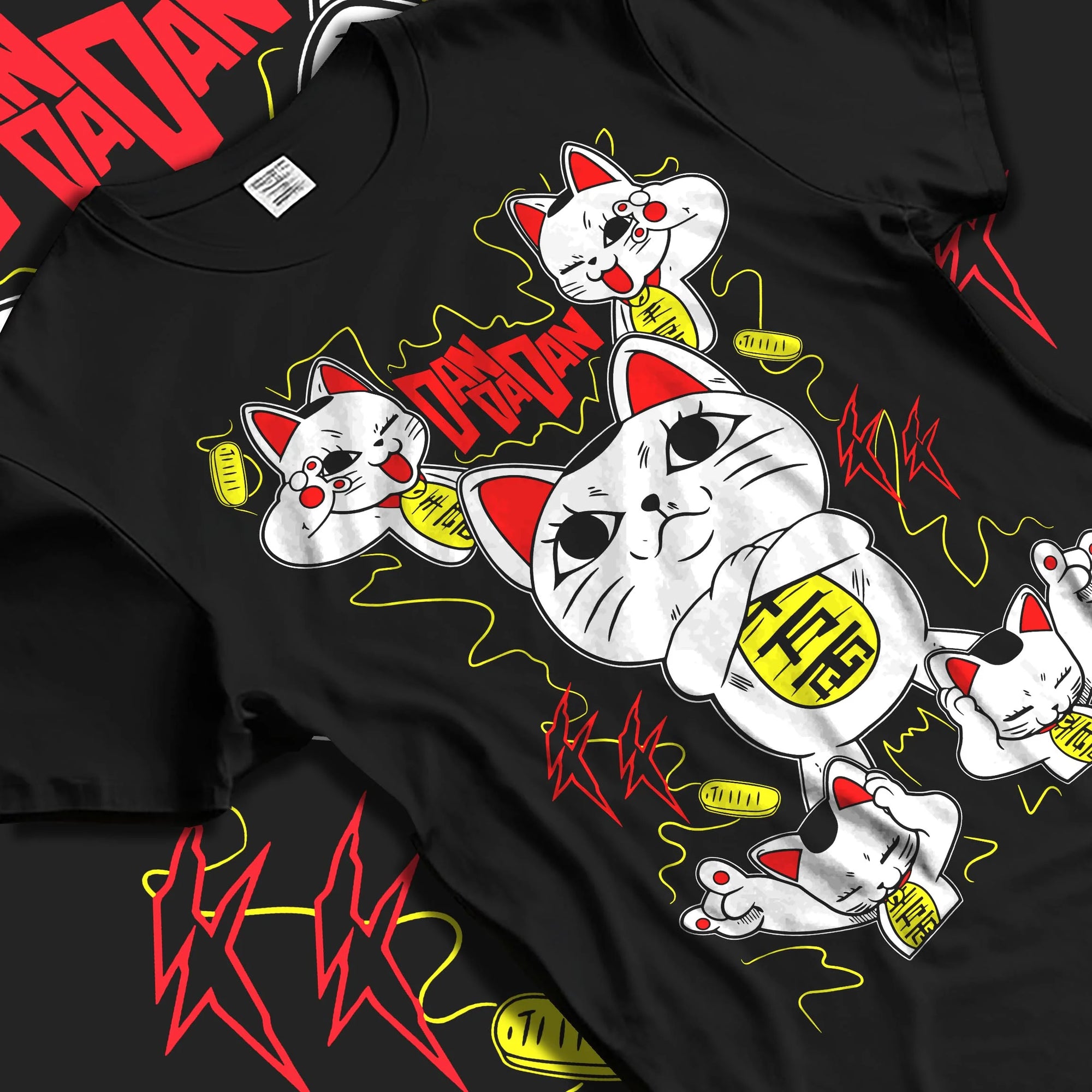 Black T-shirt laid flat with natural folds with Turbo Granny Hoodie Dandadan Paranormal Spirit Form graphic streetwear graphic.