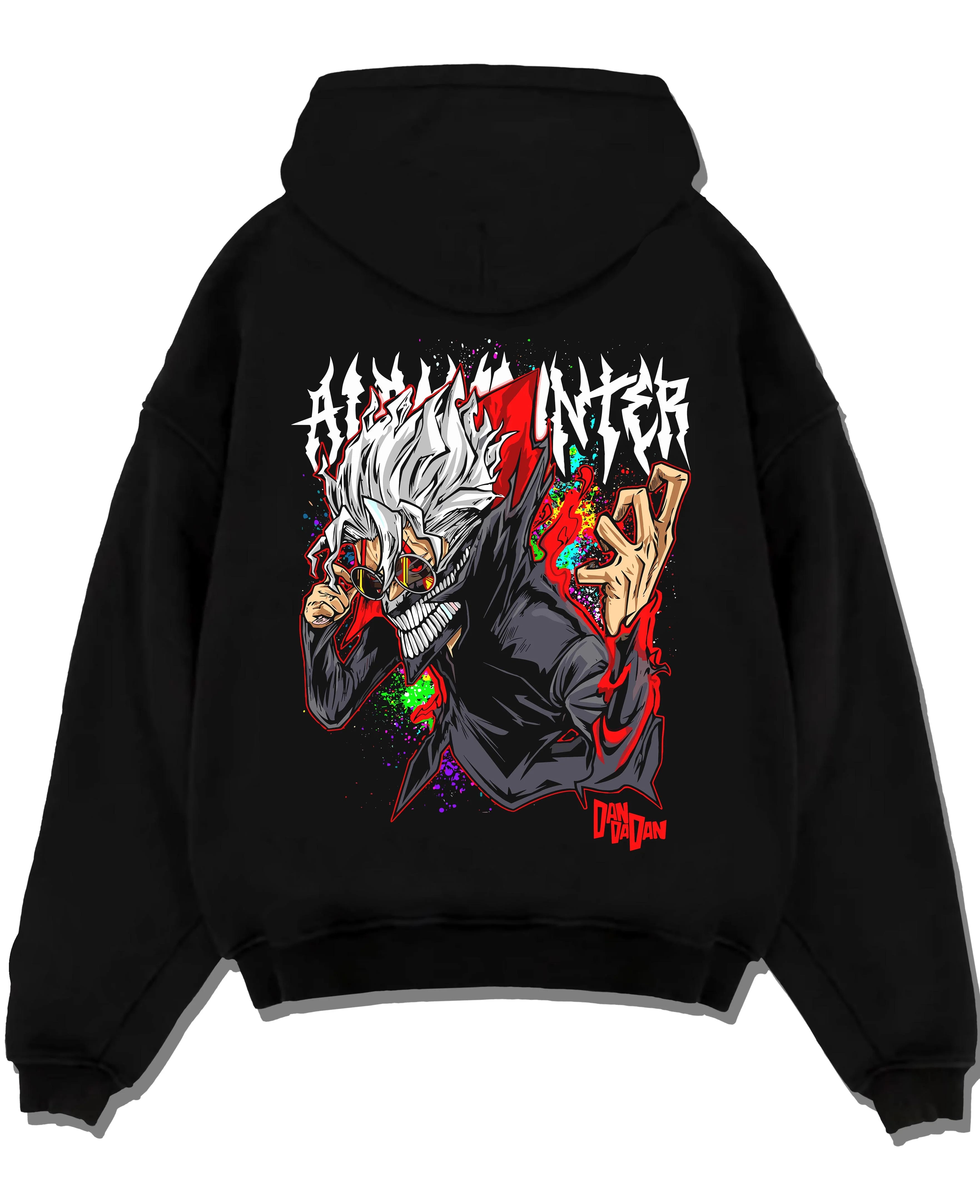 Black pullover hoodie laid flat with Ken Turbo Form Hoodie Dandadan Supernatural Fight graphic bold anime graphic.