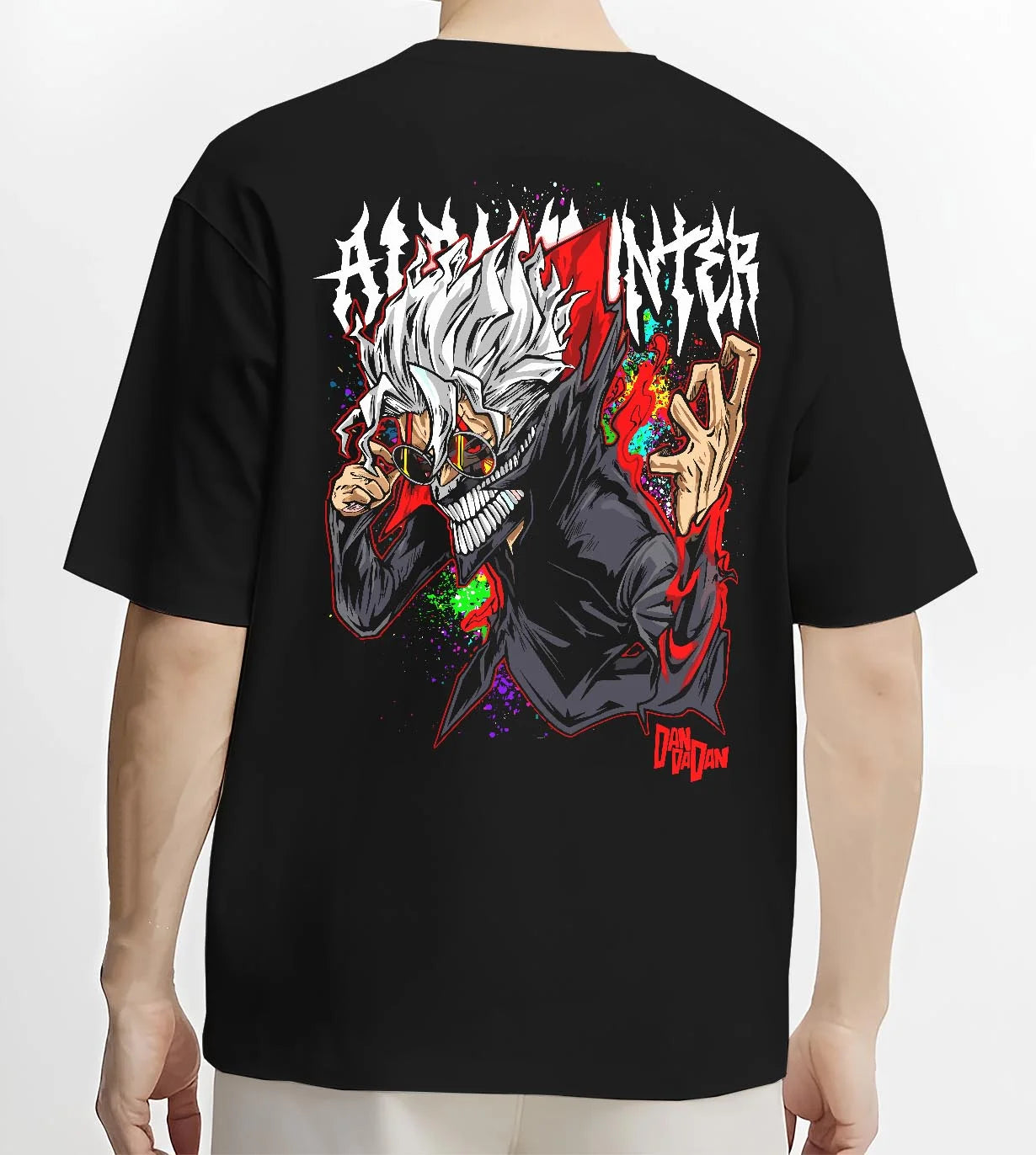 Black T-shirt worn by male model, back view with Ken Turbo Form Hoodie Dandadan Supernatural Fight graphic bold anime graphic.