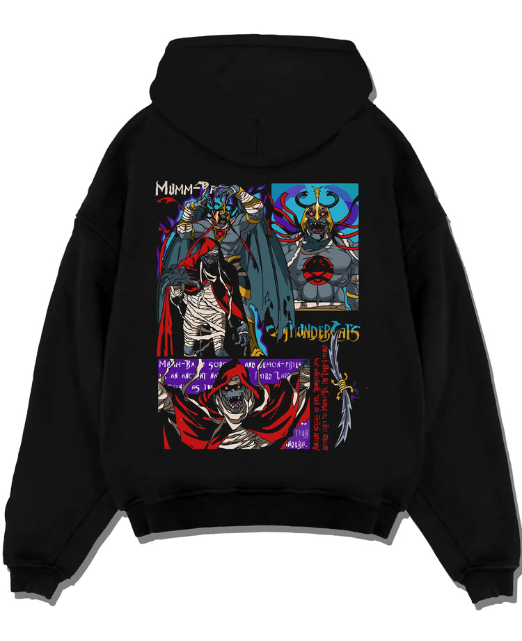 Black pullover hoodie laid flat with ThunderCats Mumm-Ra Dark Sorcerer Villain Jumper graphic streetwear graphic.