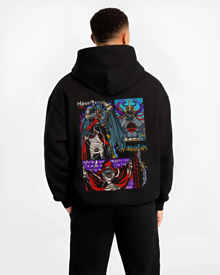 Black hoodie worn by male model, back view with ThunderCats Mumm-Ra Dark Sorcerer Villain Jumper graphic streetwear graphic.