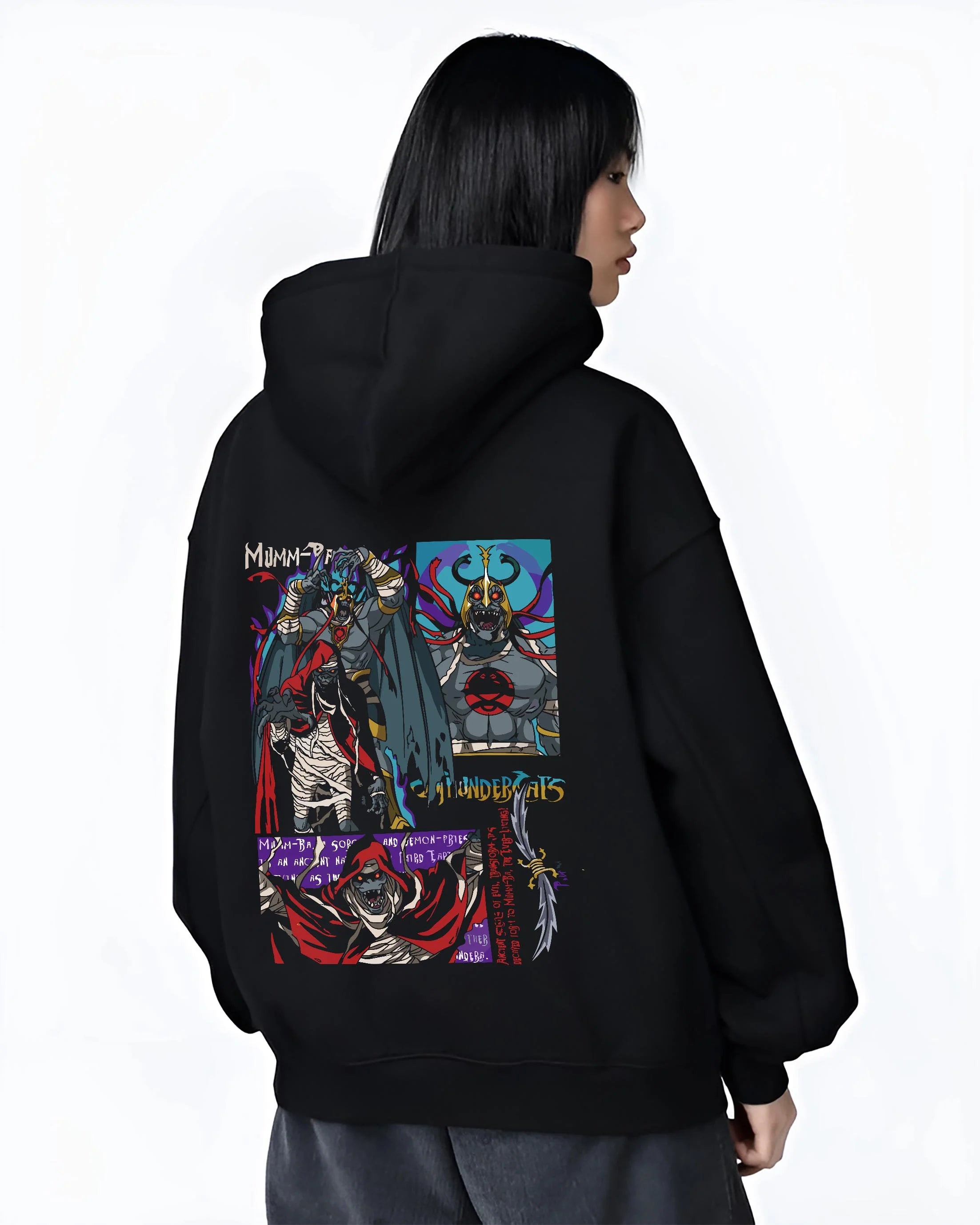 Black hoodie worn by female model, back view with ThunderCats Mumm-Ra Dark Sorcerer Villain Jumper graphic bold anime graphic.