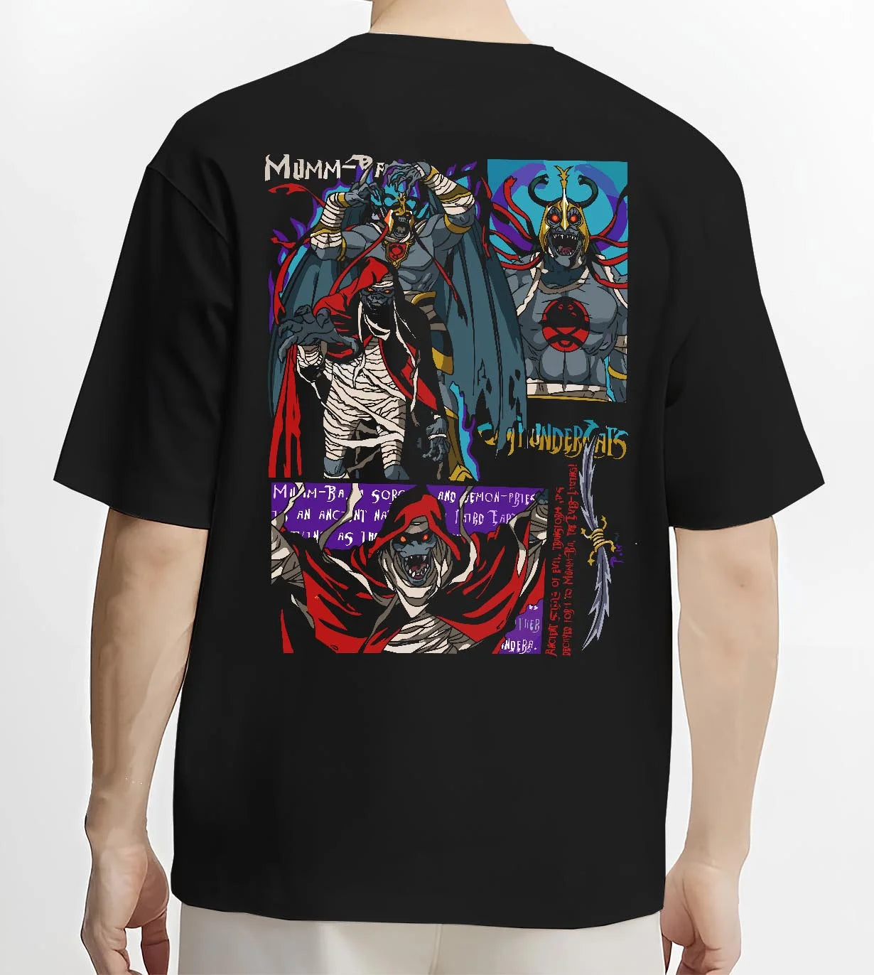 Black T-shirt worn by male model, back view with ThunderCats Mumm-Ra Dark Sorcerer Villain Jumper graphic premium wear.