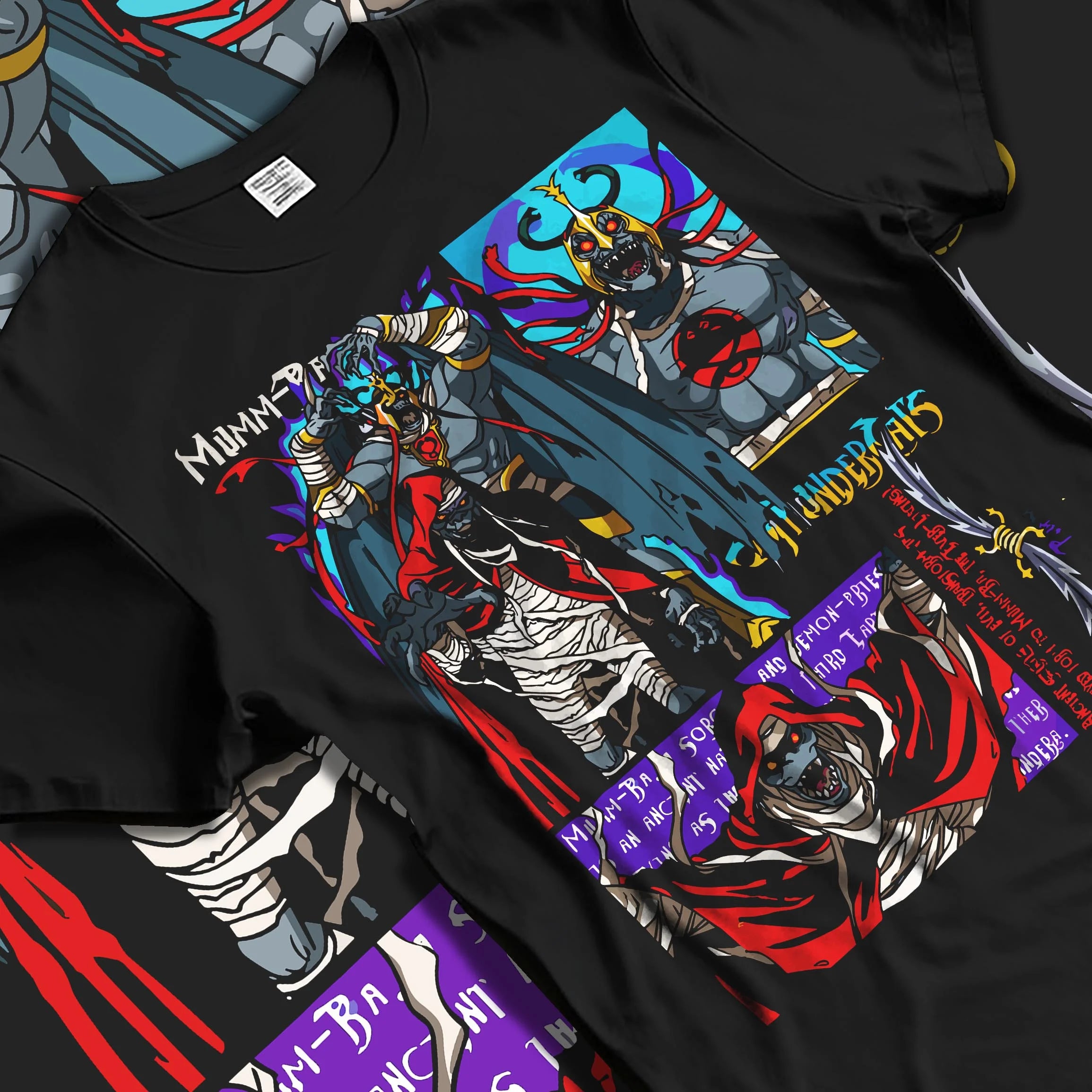 Black T-shirt laid flat with natural folds with ThunderCats Mumm-Ra Dark Sorcerer Villain Jumper graphic bold anime graphic.