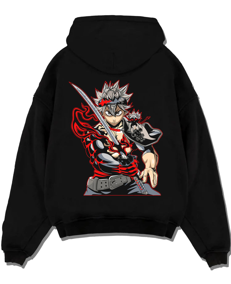 Black pullover hoodie laid flat with Asta Hoodie Black Clover Sword Demon Form Cursed Fire graphic premium wear.