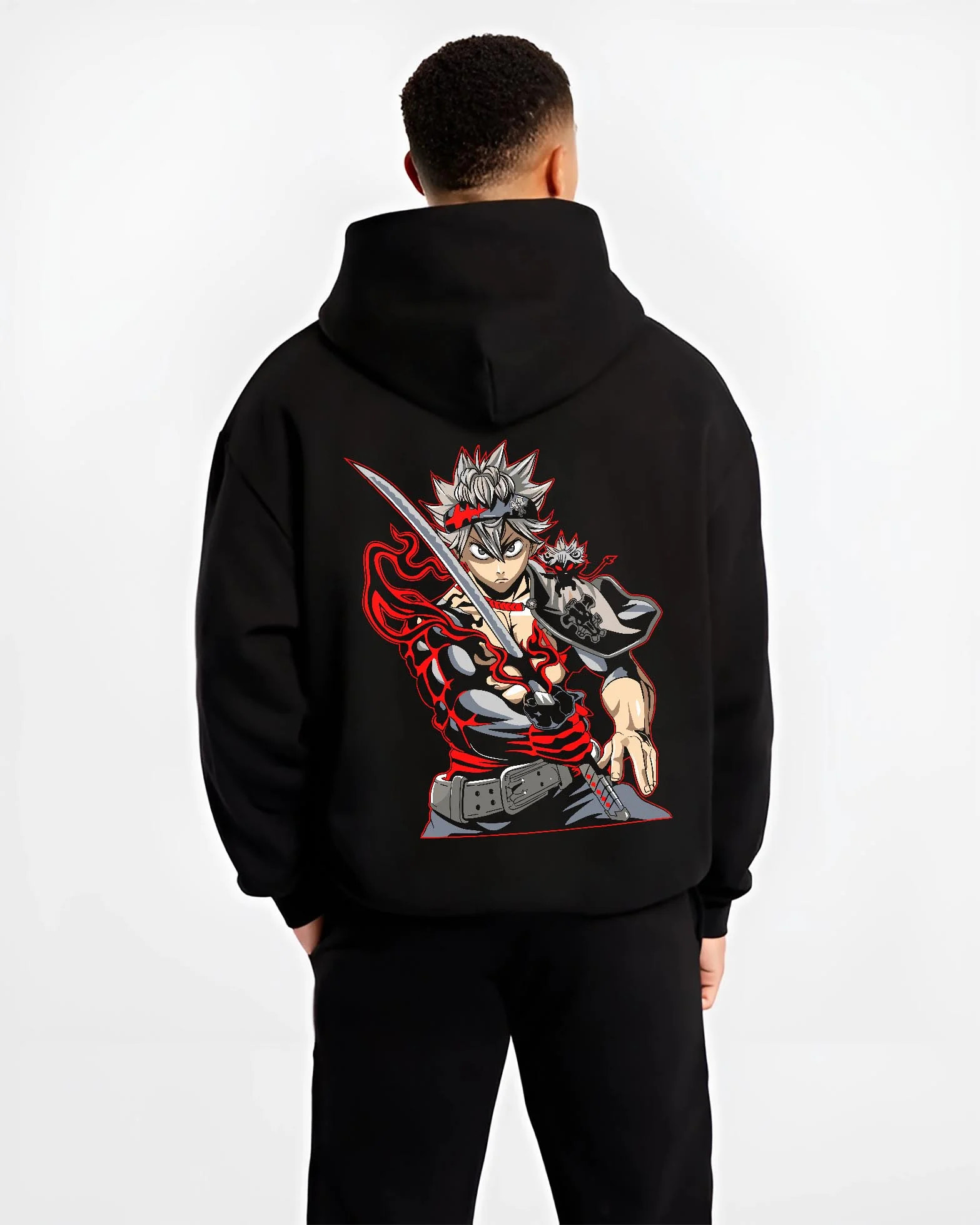 Black hoodie worn by male model, back view with Asta Hoodie Black Clover Sword Demon Form Cursed Fire graphic Asta themed artwork.