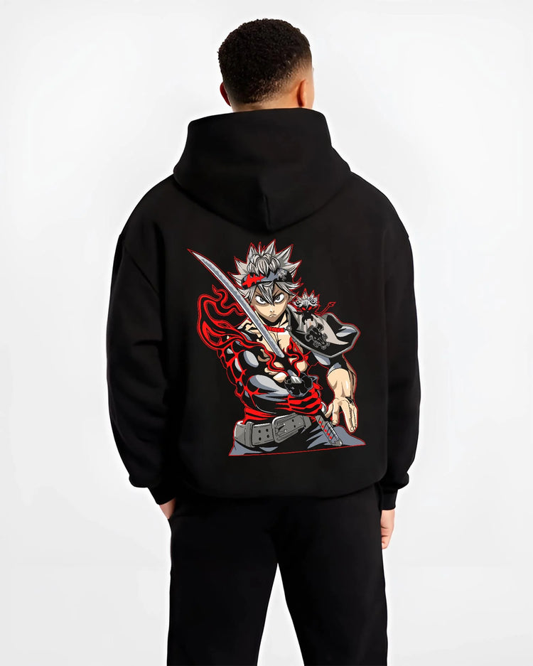 Black hoodie worn by male model, back view with Asta Hoodie Black Clover Sword Demon Form Cursed Fire graphic Asta themed artwork.