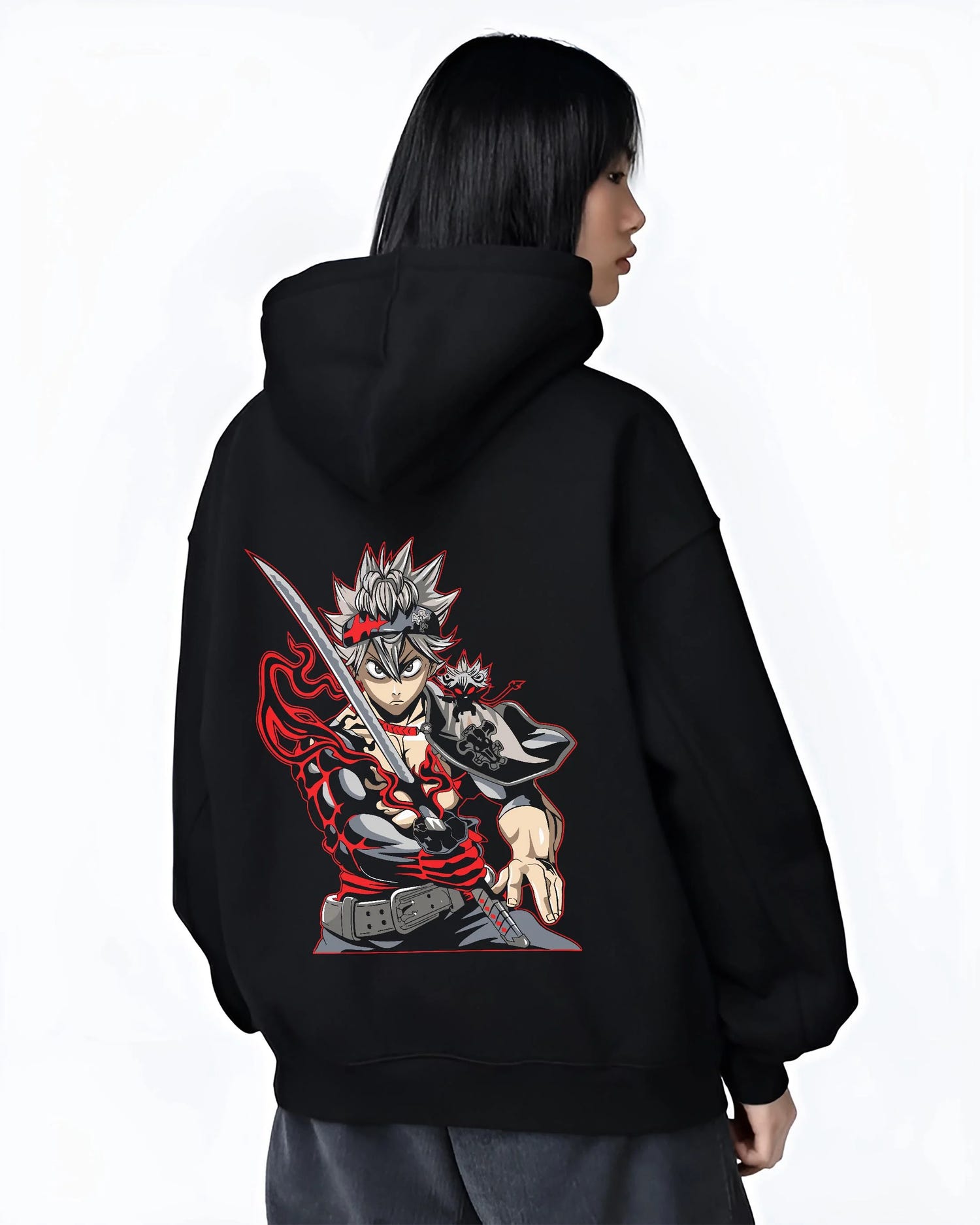 Black hoodie worn by female model, back view with Asta Hoodie Black Clover Sword Demon Form Cursed Fire graphic bold anime graphic.