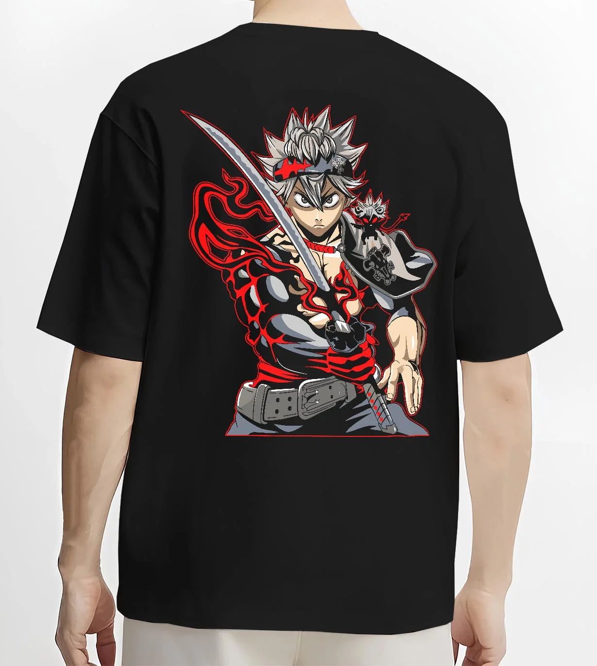 Black T-shirt worn by male model, back view with Asta Hoodie Black Clover Sword Demon Form Cursed Fire graphic bold anime graphic.