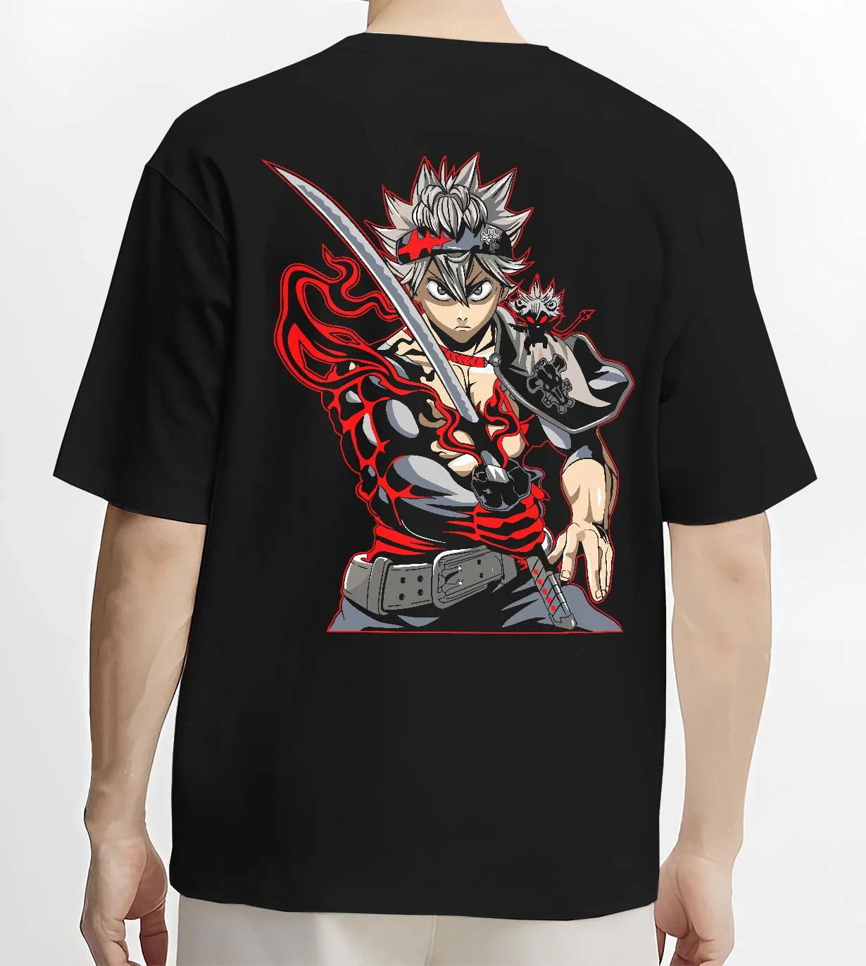 Black T-shirt worn by male model, back view with Asta Hoodie Black Clover Sword Demon Form Cursed Fire graphic bold anime graphic.