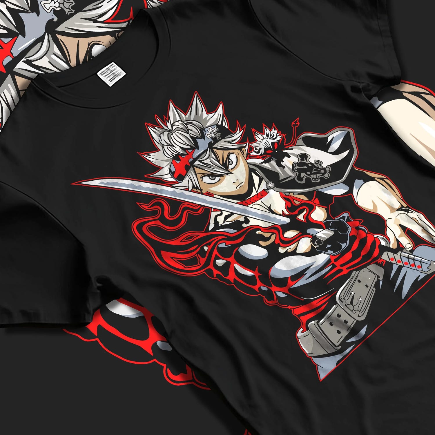 Black T-shirt laid flat with natural folds with Asta Hoodie Black Clover Sword Demon Form Cursed Fire graphic streetwear graphic.