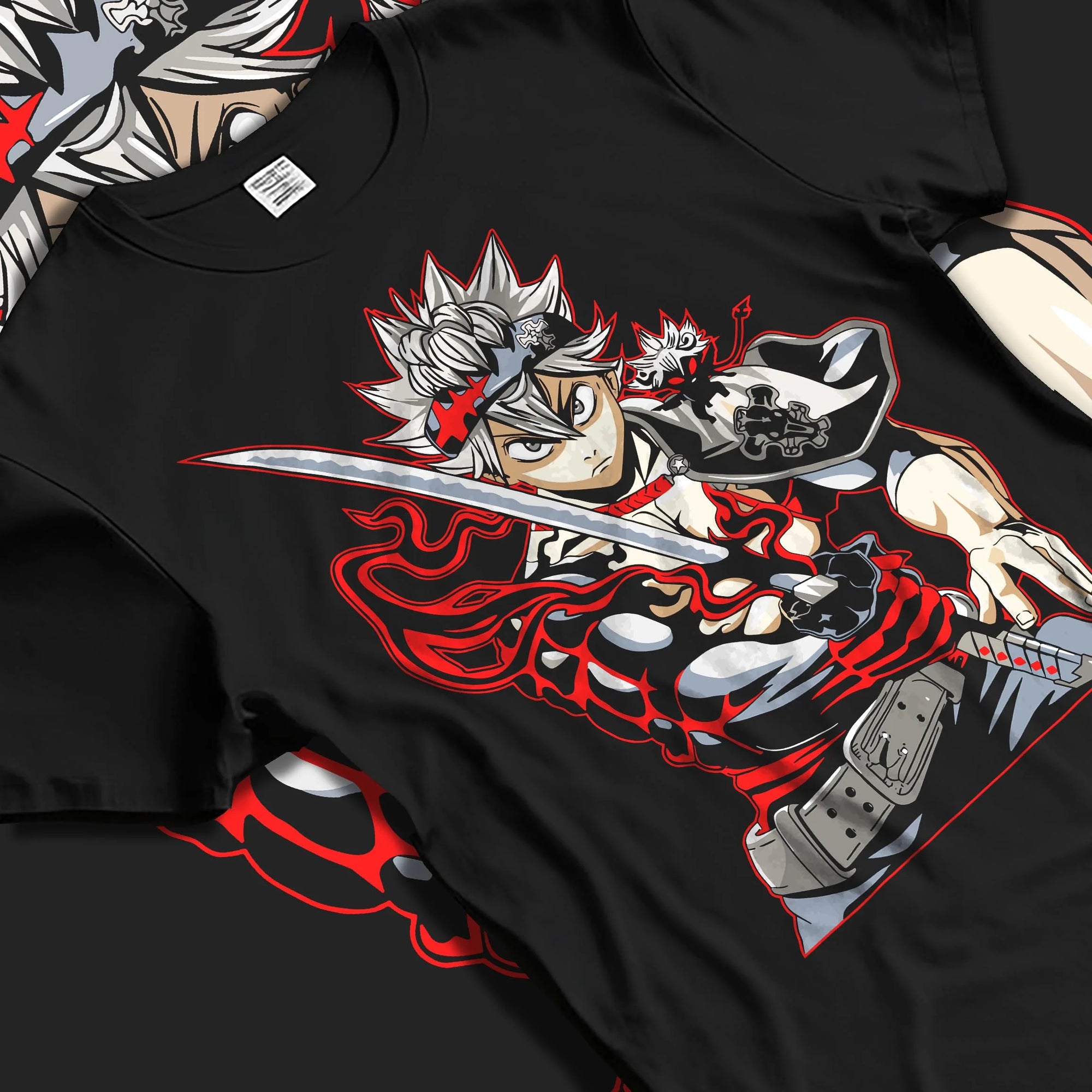 Black T-shirt laid flat with natural folds with Asta Hoodie Black Clover Sword Demon Form Cursed Fire graphic streetwear graphic.