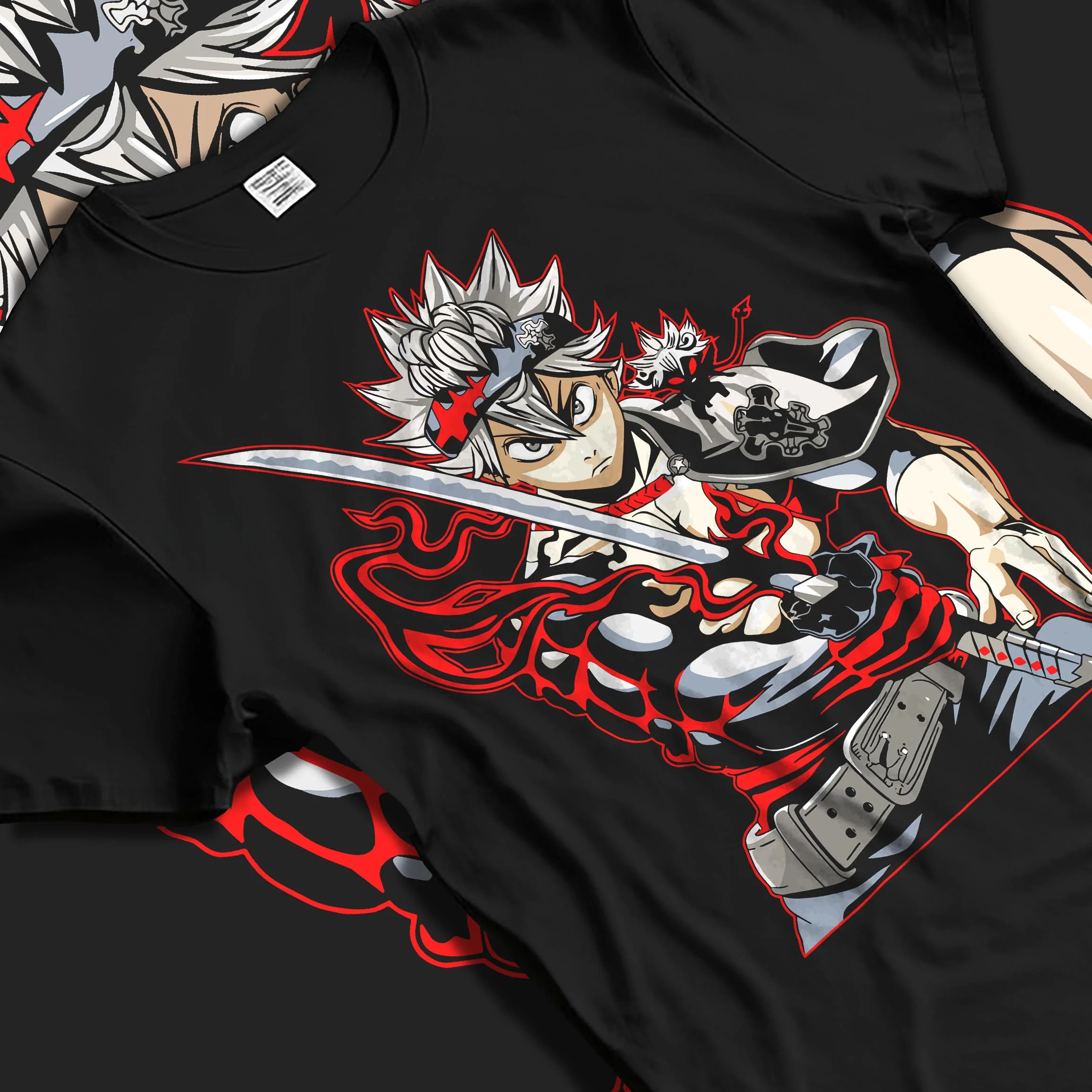 Black T-shirt laid flat with natural folds with Asta Hoodie Black Clover Sword Demon Form Cursed Fire graphic streetwear graphic.