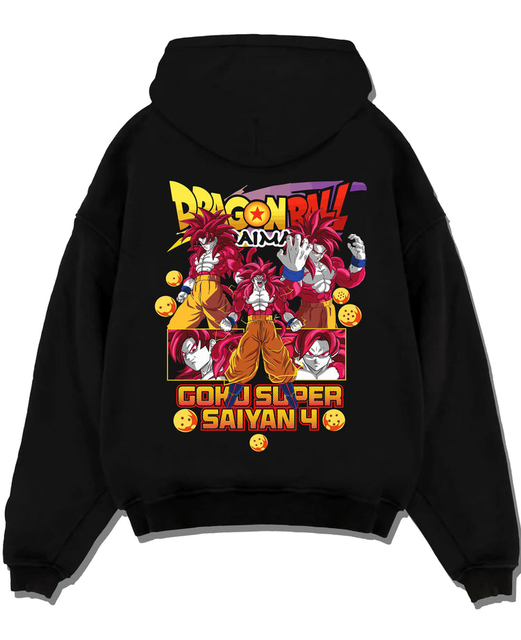 Black pullover hoodie laid flat with Goku Super Saiyan 4 Hoodie Dragon Ball GT Retro Print graphic bold anime graphic.