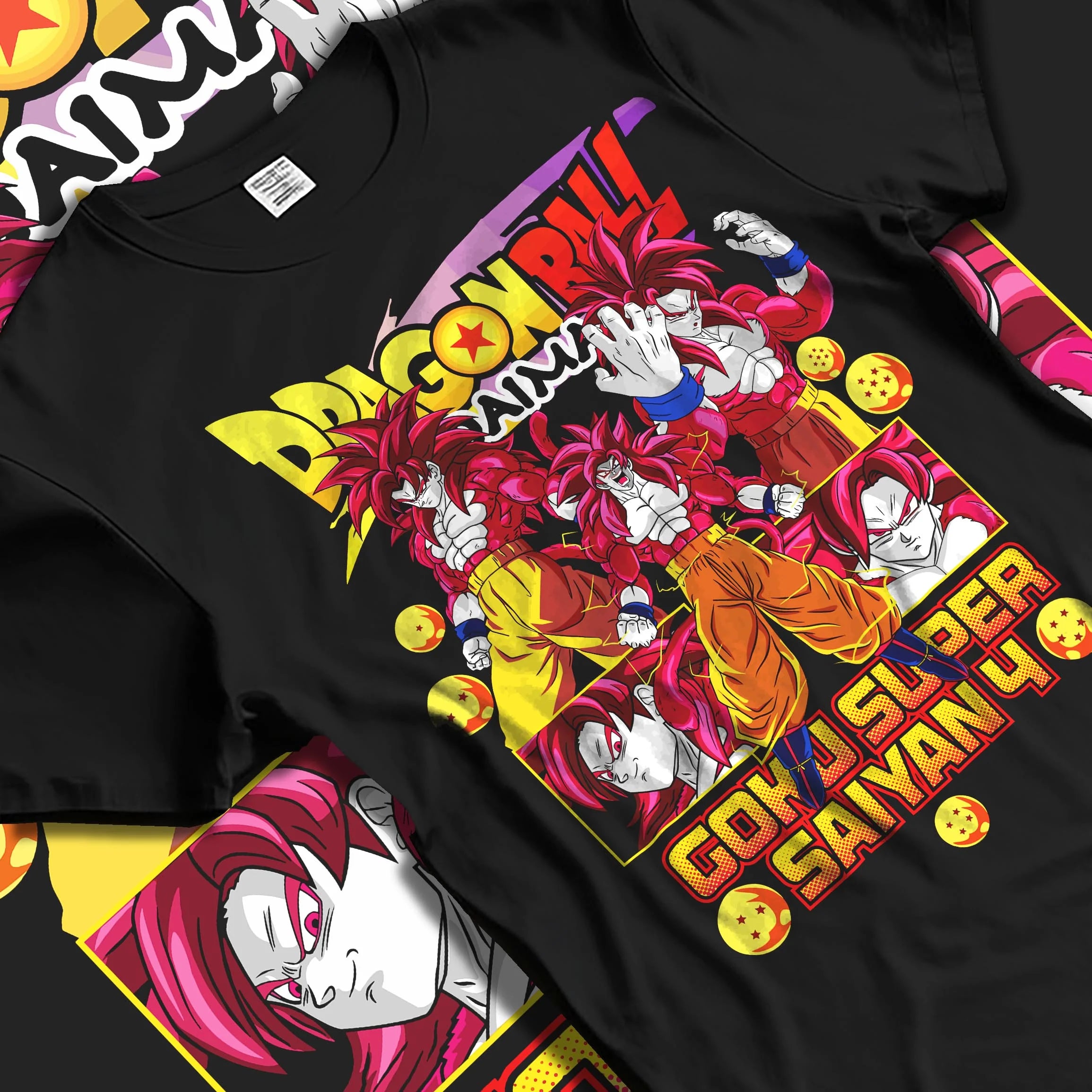 Black T-shirt laid flat with natural folds with Goku Super Saiyan 4 Hoodie Dragon Ball GT Retro Print graphic Goku themed artwork.