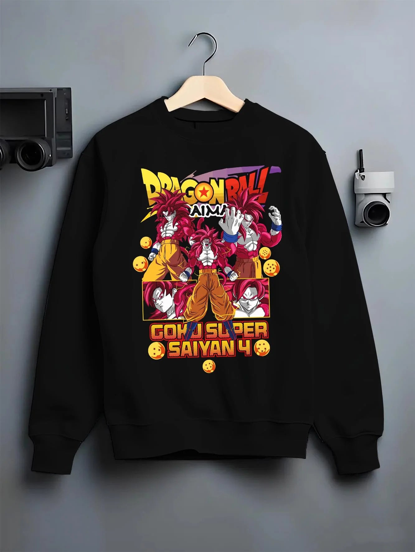 Black crewneck sweatshirt on hanger with Goku Super Saiyan 4 Hoodie Dragon Ball GT Retro Print graphic Goku anime design.