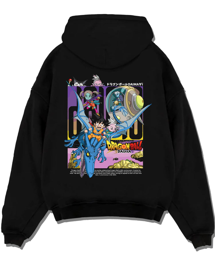 Black pullover hoodie laid flat with Dragon Ball Hoodie Daima Anime Retro Poster Scene graphic Goku themed artwork.