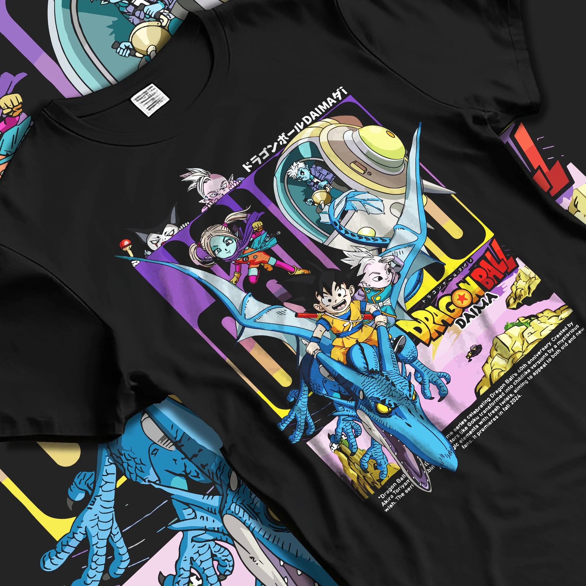 Black T-shirt laid flat with natural folds with Dragon Ball Hoodie Daima Anime Retro Poster Scene graphic streetwear graphic.