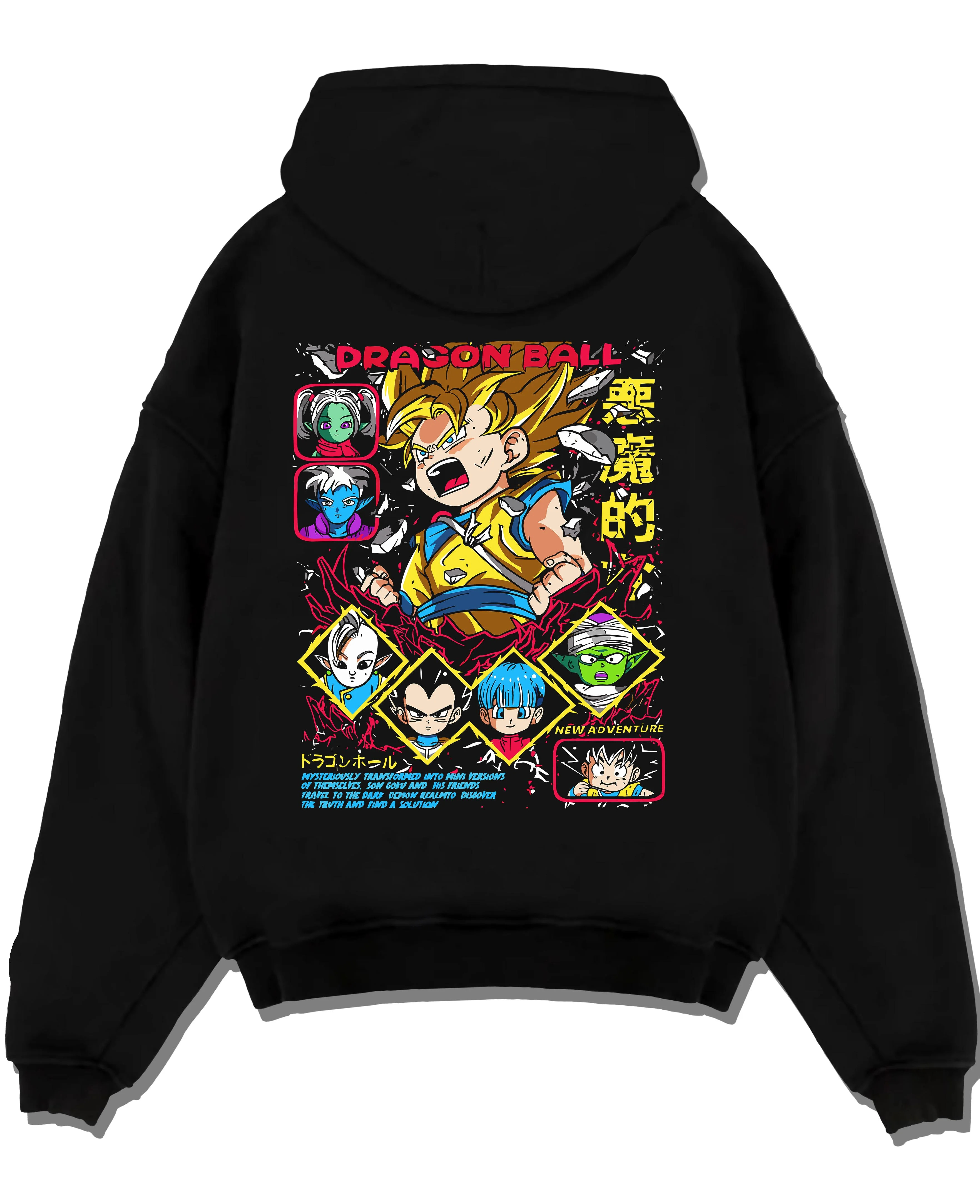 Black pullover hoodie laid flat with Vegeta Hoodie Dragon Ball Z Saiyan Villain Battle graphic streetwear graphic.