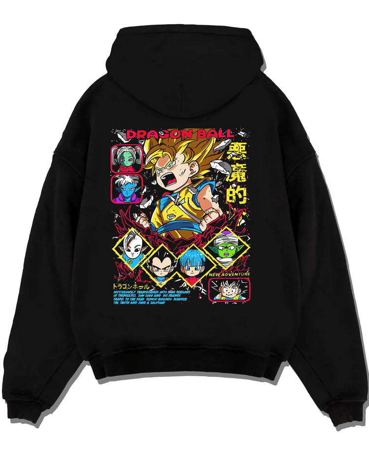 Black pullover hoodie laid flat with Vegeta Hoodie Dragon Ball Z Saiyan Villain Battle graphic streetwear graphic.