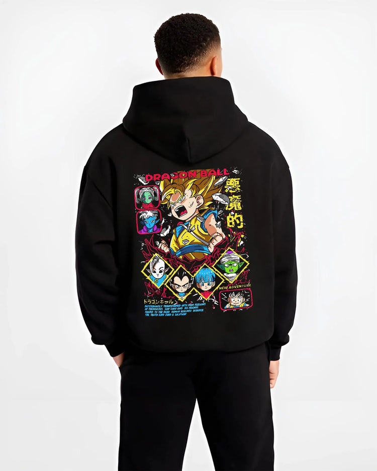 Black hoodie worn by male model, back view with Vegeta Hoodie Dragon Ball Z Saiyan Villain Battle graphic Vegeta anime design.