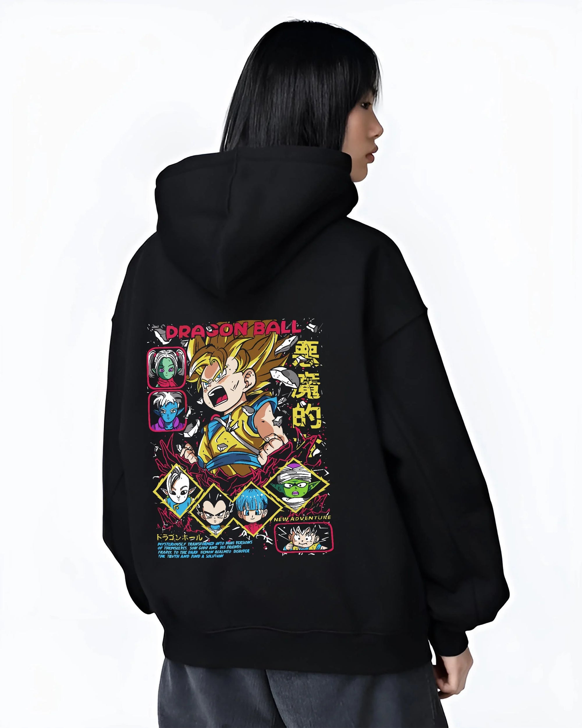 Black hoodie worn by female model, back view with Vegeta Hoodie Dragon Ball Z Saiyan Villain Battle graphic bold anime graphic.