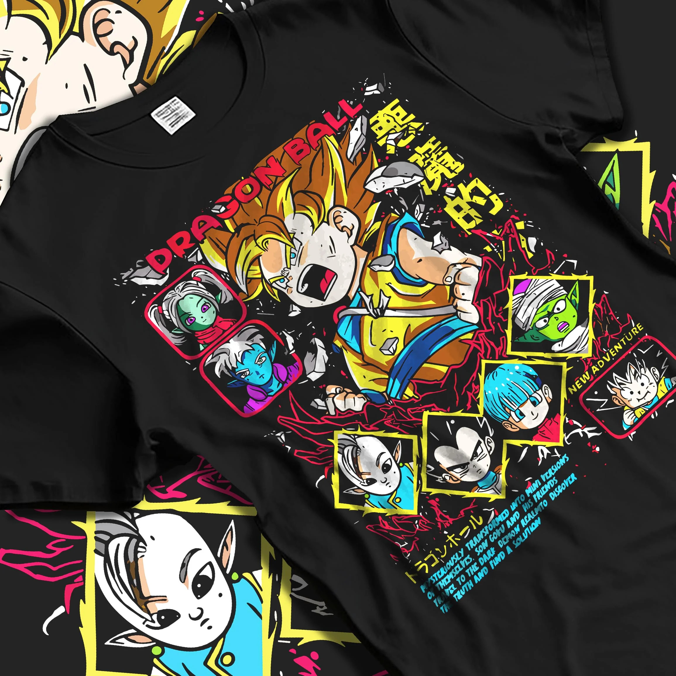Black T-shirt laid flat with natural folds with Vegeta Hoodie Dragon Ball Z Saiyan Villain Battle graphic Vegeta anime design.