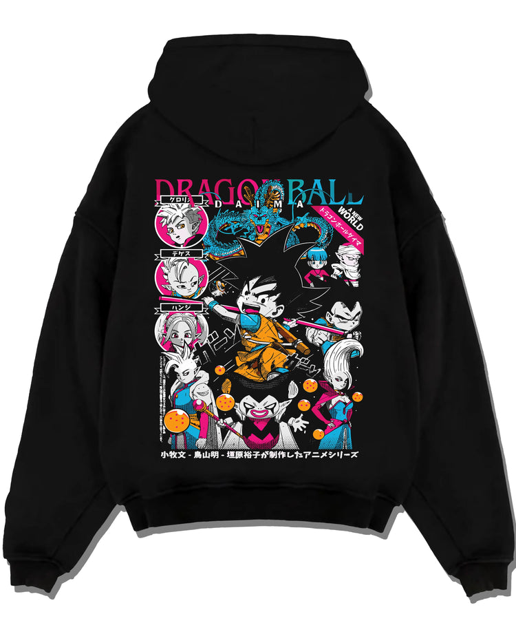 Black pullover hoodie laid flat with Goku Adventure Hoodie Dragon Ball Daima Hero Anime graphic premium wear.