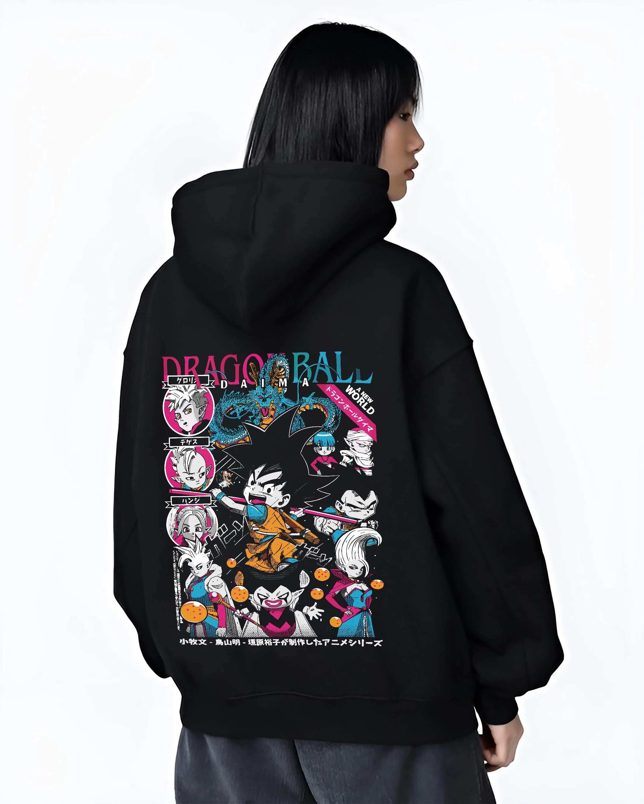 Black hoodie worn by female model, back view with Goku Adventure Hoodie Dragon Ball Daima Hero Anime graphic Goku anime design.