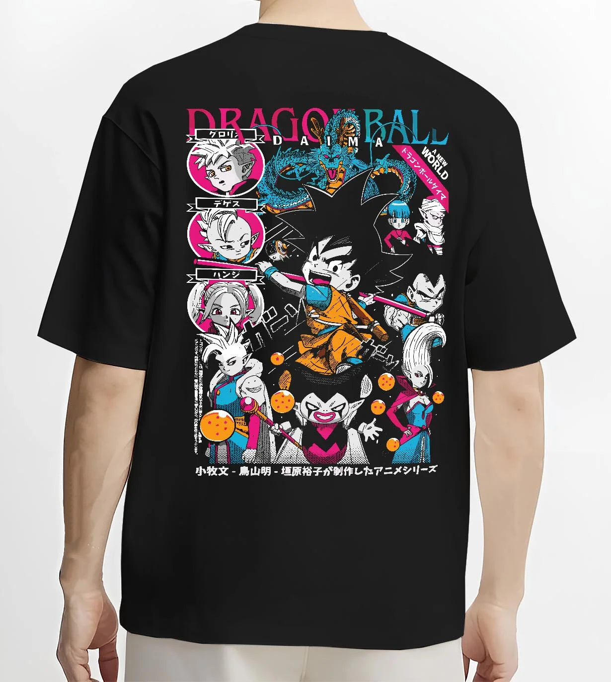 Black T-shirt worn by male model, back view with Goku Adventure Hoodie Dragon Ball Daima Hero Anime graphic Goku anime design.