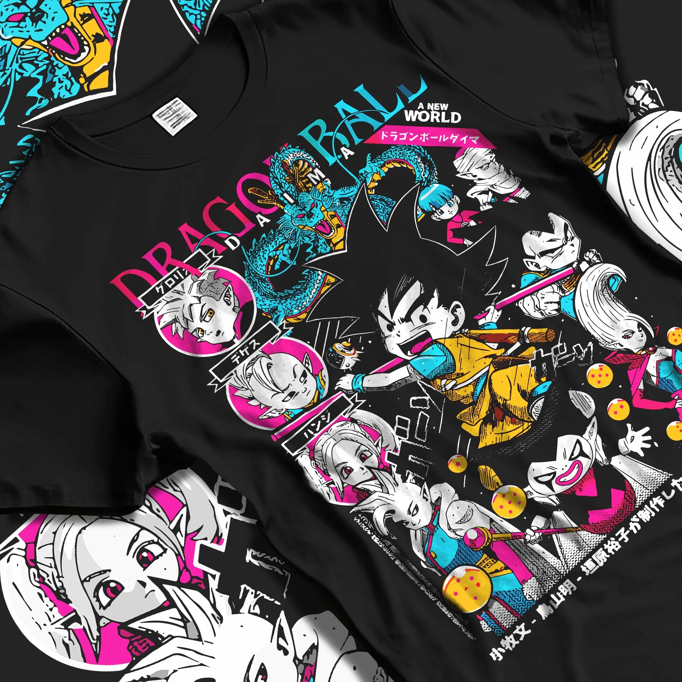 Black T-shirt laid flat with natural folds with Goku Adventure Hoodie Dragon Ball Daima Hero Anime graphic streetwear graphic.