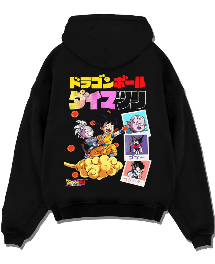Black pullover hoodie laid flat with Majin Buu Hoodie Dragon Ball Z Fat Buu Retro Panel graphic streetwear graphic.