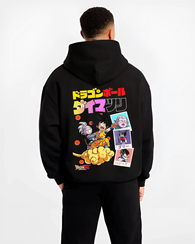 Black hoodie worn by male model, back view with Majin Buu Hoodie Dragon Ball Z Fat Buu Retro Panel graphic bold anime graphic.
