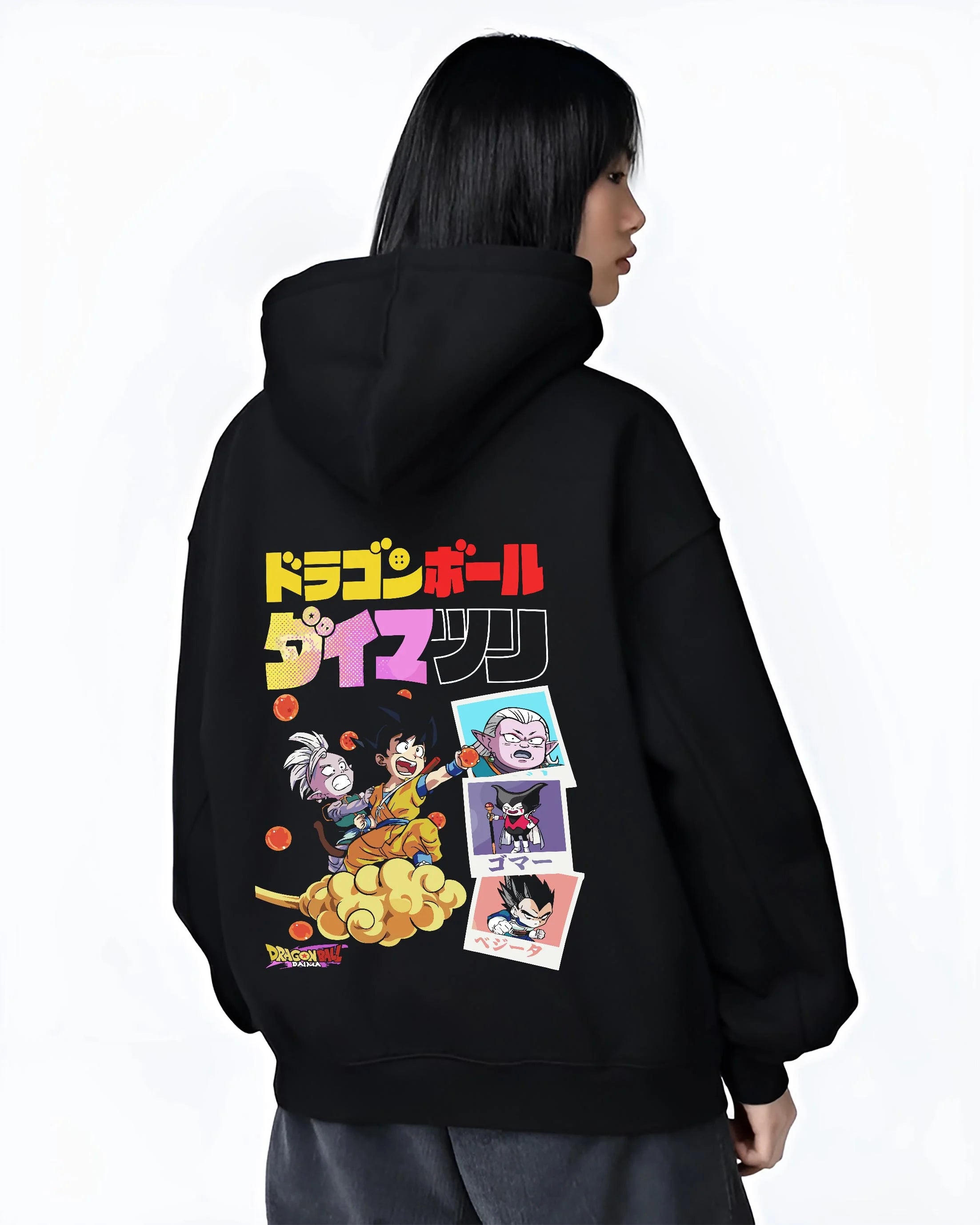 Black hoodie worn by female model, back view with Majin Buu Hoodie Dragon Ball Z Fat Buu Retro Panel graphic Goku anime design.