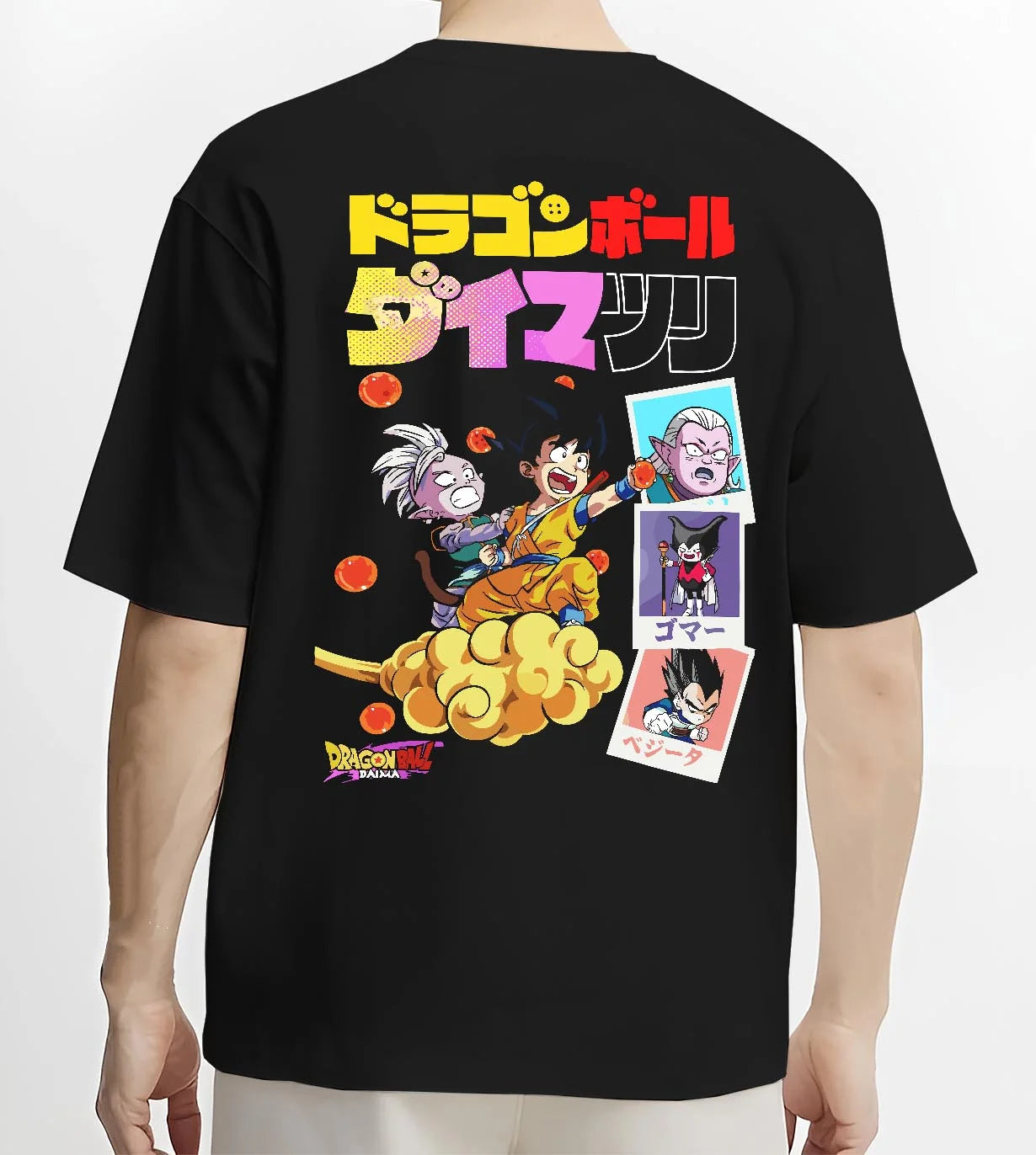 Black T-shirt worn by male model, back view with Majin Buu Hoodie Dragon Ball Z Fat Buu Retro Panel graphic Goku themed artwork.