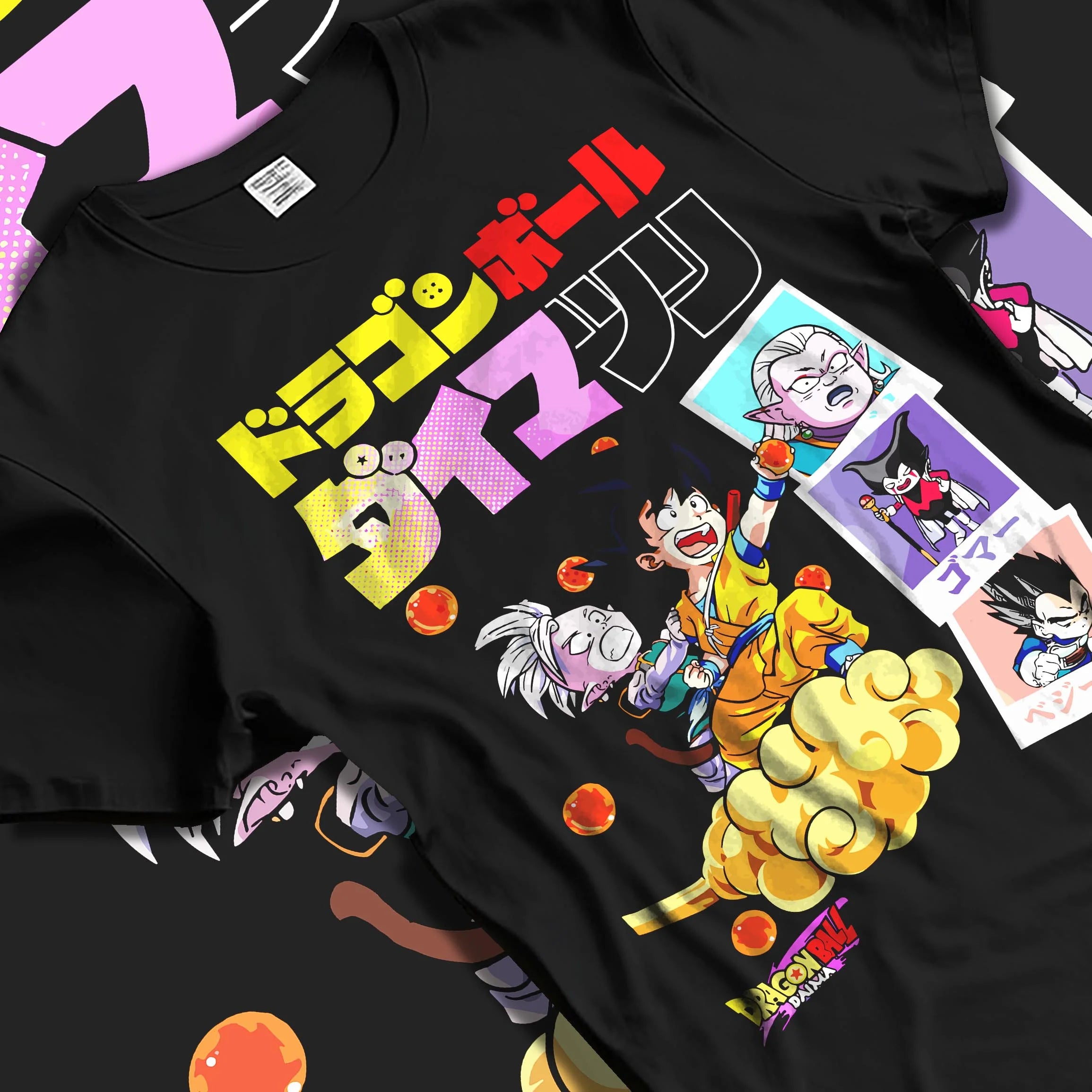 Black T-shirt laid flat with natural folds with Majin Buu Hoodie Dragon Ball Z Fat Buu Retro Panel graphic Goku themed artwork.