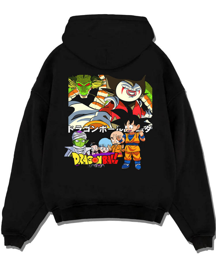 Black pullover hoodie laid flat with Dragon Ball Daima Hoodie New World Anime Heroes graphic premium wear.
