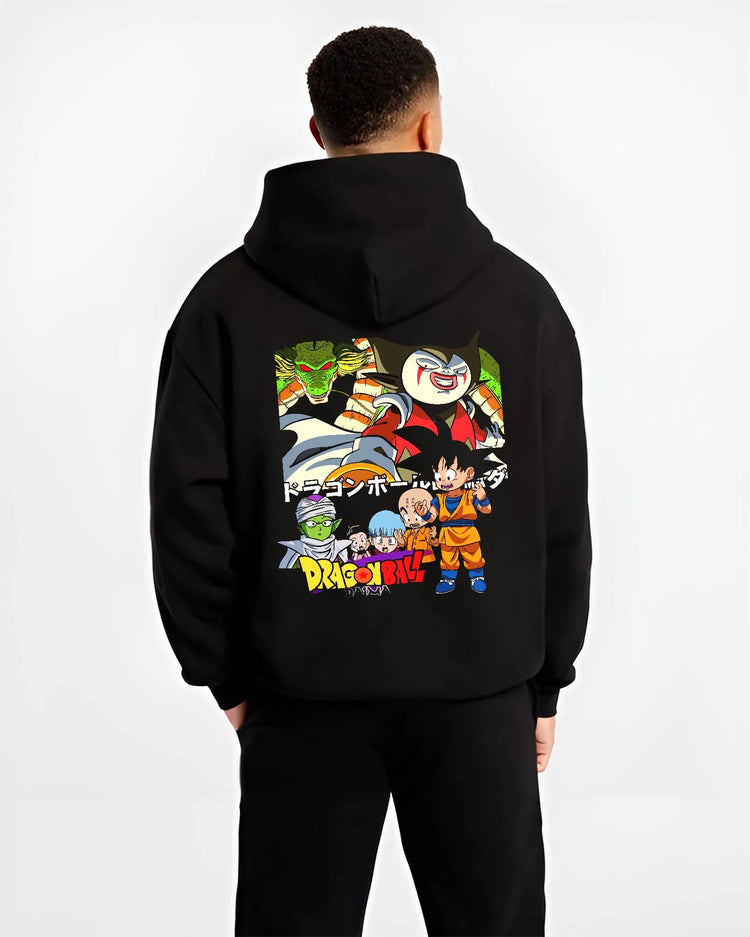 Black hoodie worn by male model, back view with Dragon Ball Daima Hoodie New World Anime Heroes graphic premium wear.