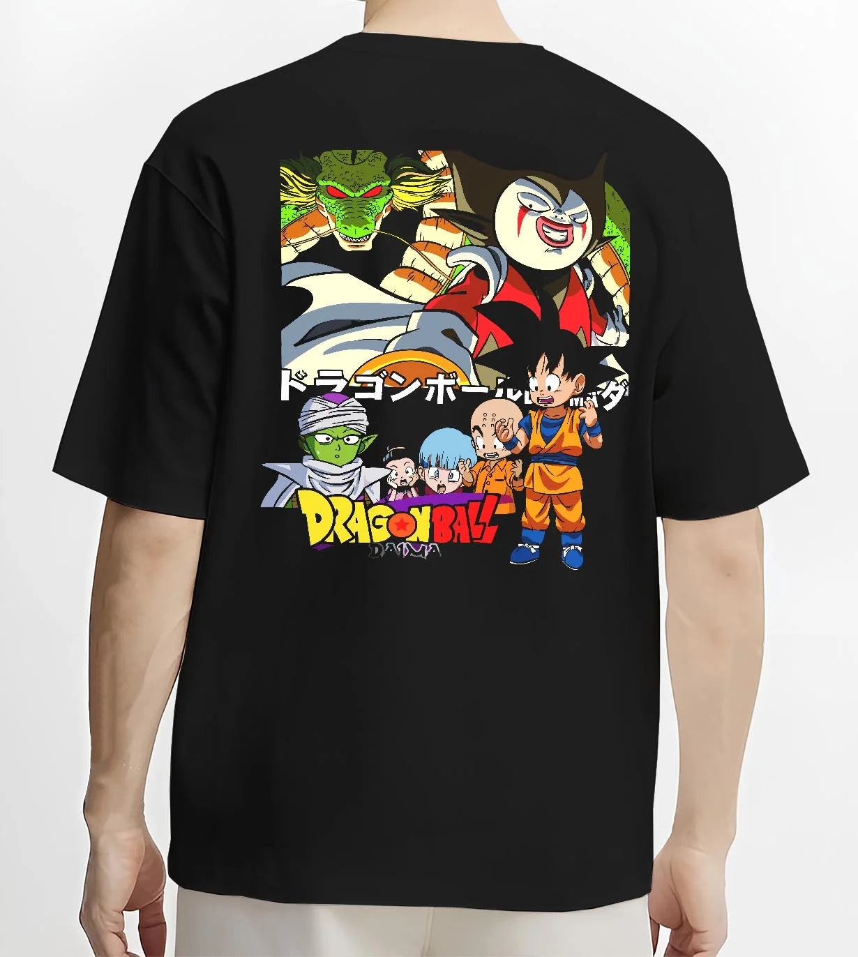 Black T-shirt worn by male model, back view with Dragon Ball Daima Hoodie New World Anime Heroes graphic premium wear.