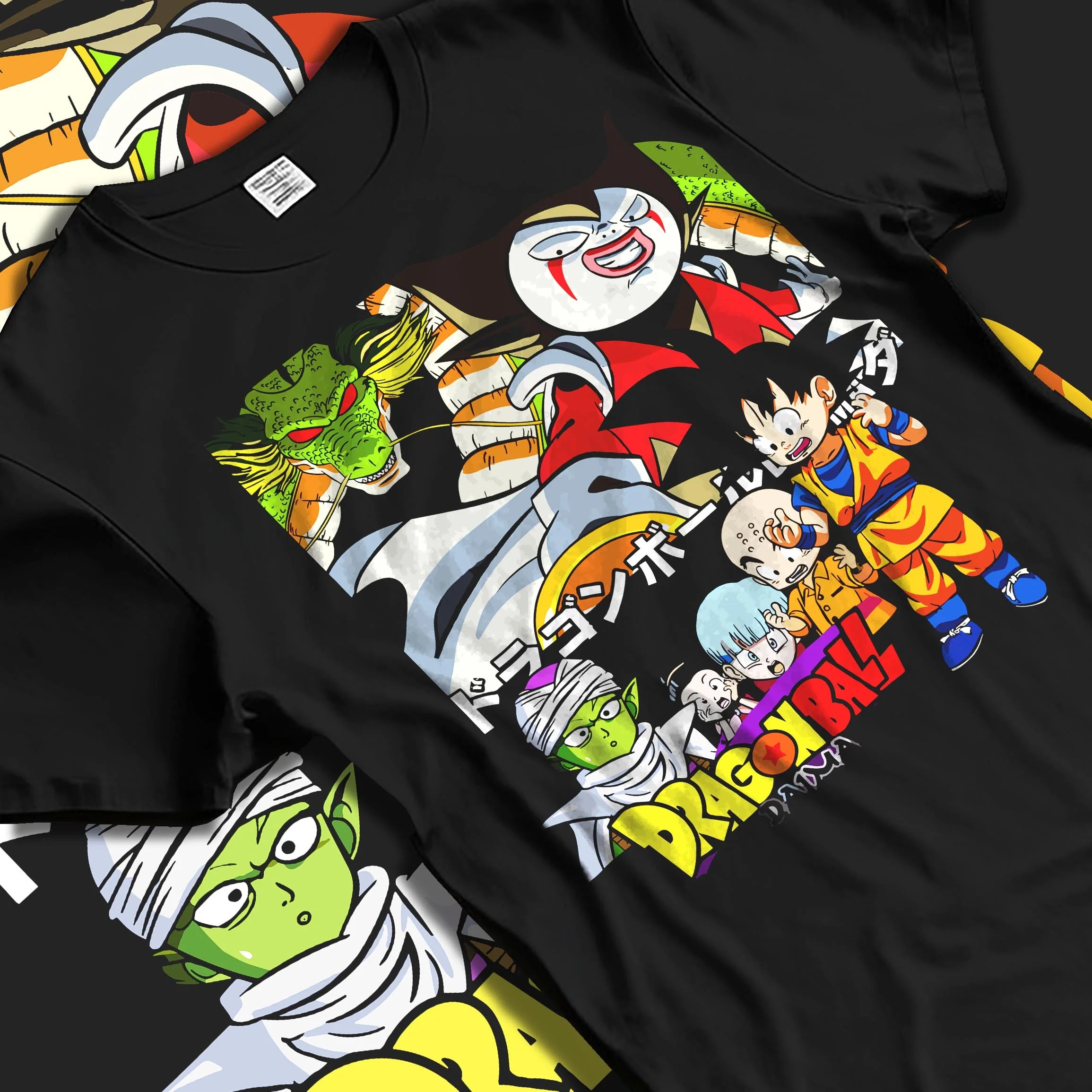 Black T-shirt laid flat with natural folds with Dragon Ball Daima Hoodie New World Anime Heroes graphic premium wear.