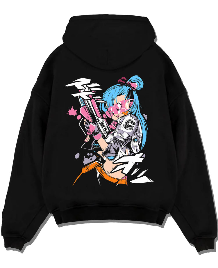Black pullover hoodie laid flat with Bulma Hoodie Dragon Ball Retro Capsule Corp Scene graphic premium wear.