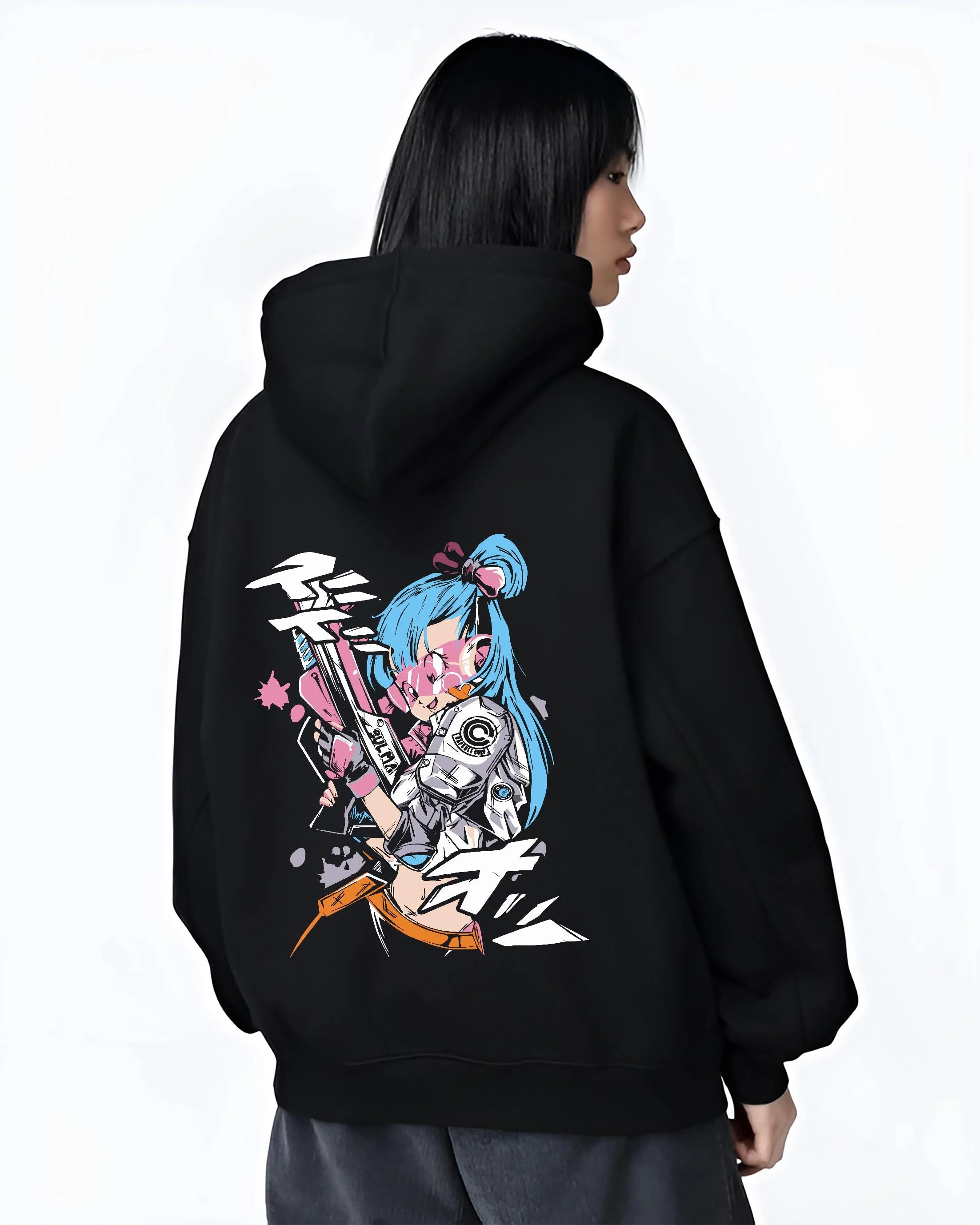Black hoodie worn by female model, back view with Bulma Hoodie Dragon Ball Retro Capsule Corp Scene graphic streetwear graphic.