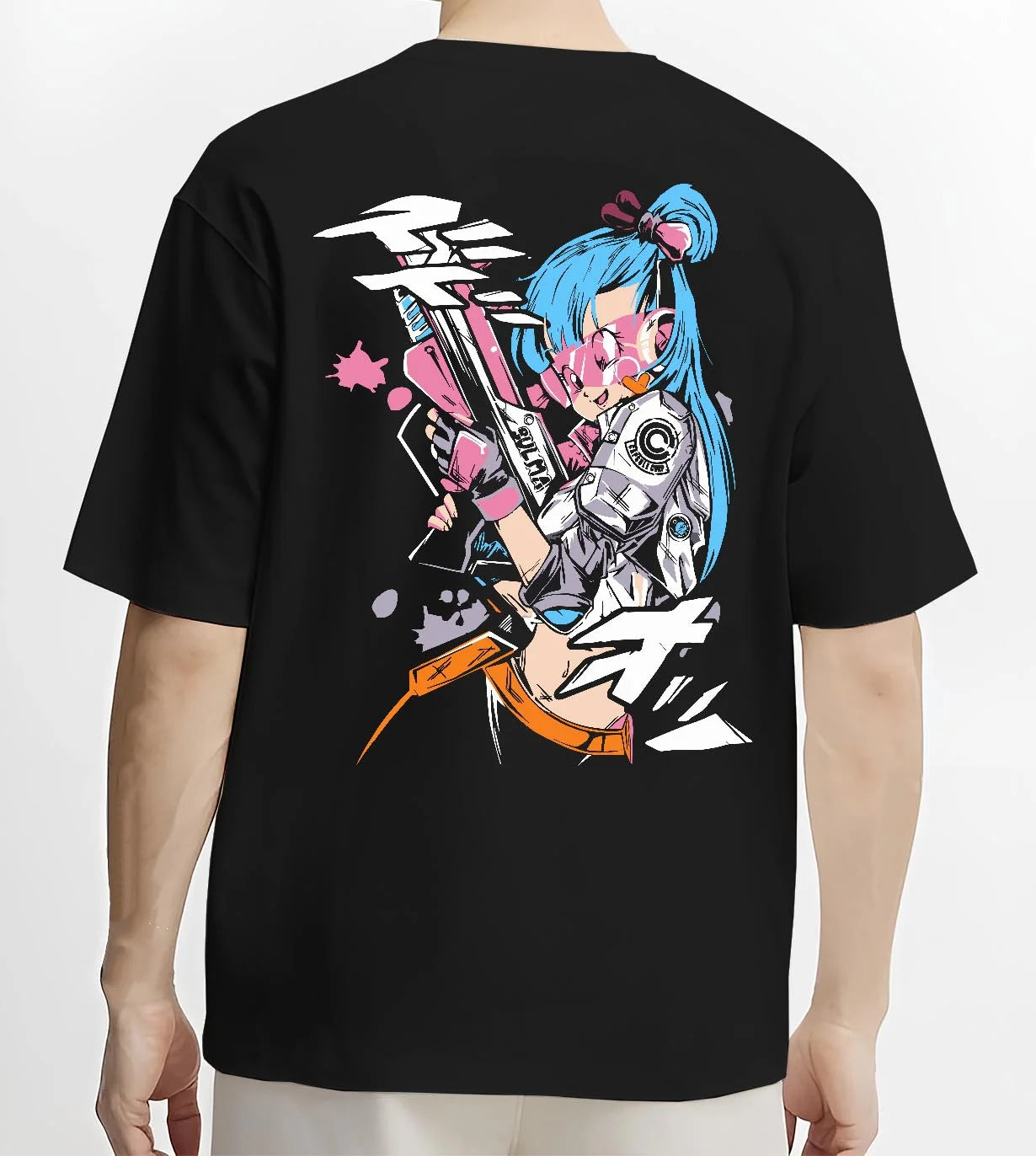Black T-shirt worn by male model, back view with Bulma Hoodie Dragon Ball Retro Capsule Corp Scene graphic Bulma anime design.