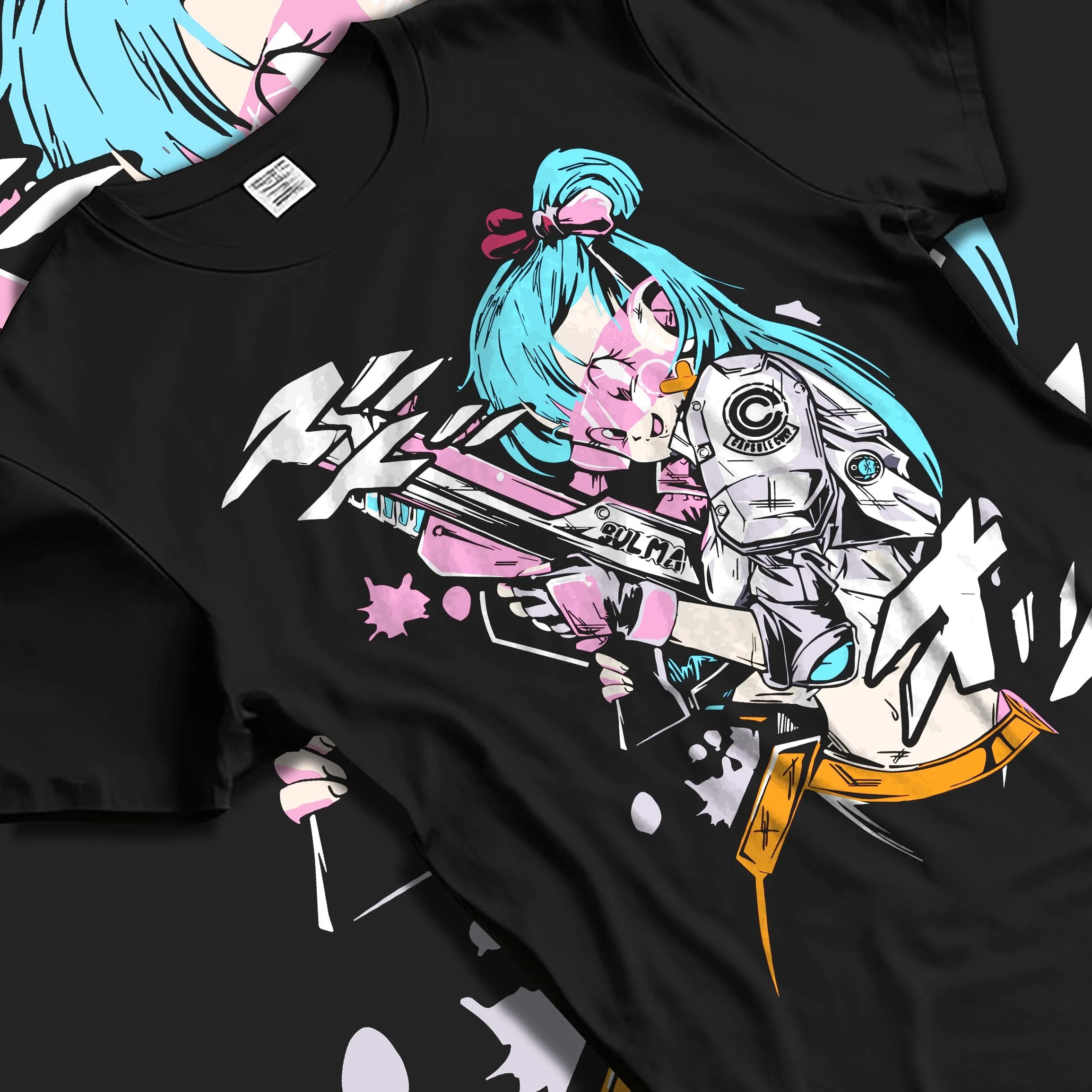 Black T-shirt laid flat with natural folds with Bulma Hoodie Dragon Ball Retro Capsule Corp Scene graphic bold anime graphic.