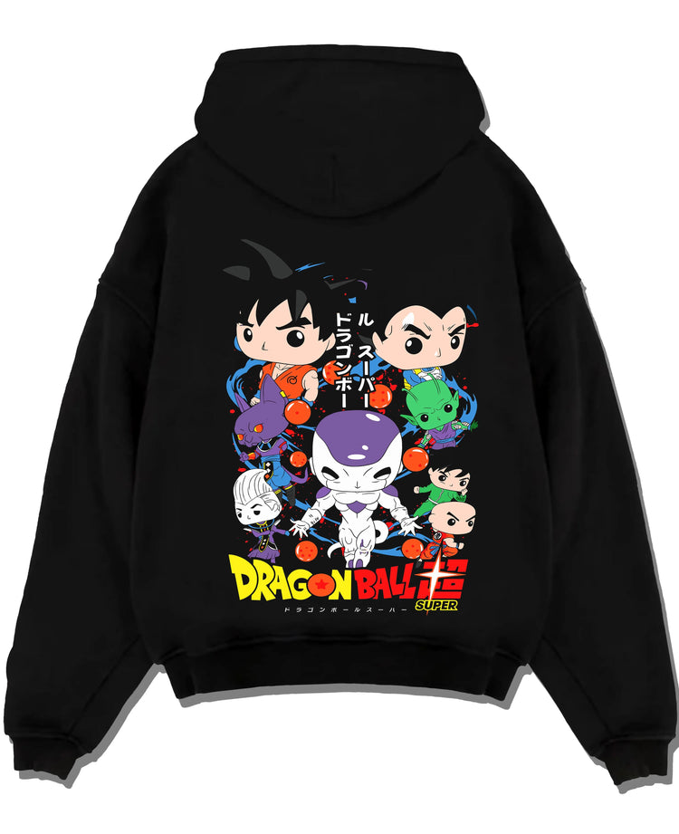 Black pullover hoodie laid flat with Dragon Ball Hoodie Villains Retro Anime Poster Art graphic bold anime graphic.