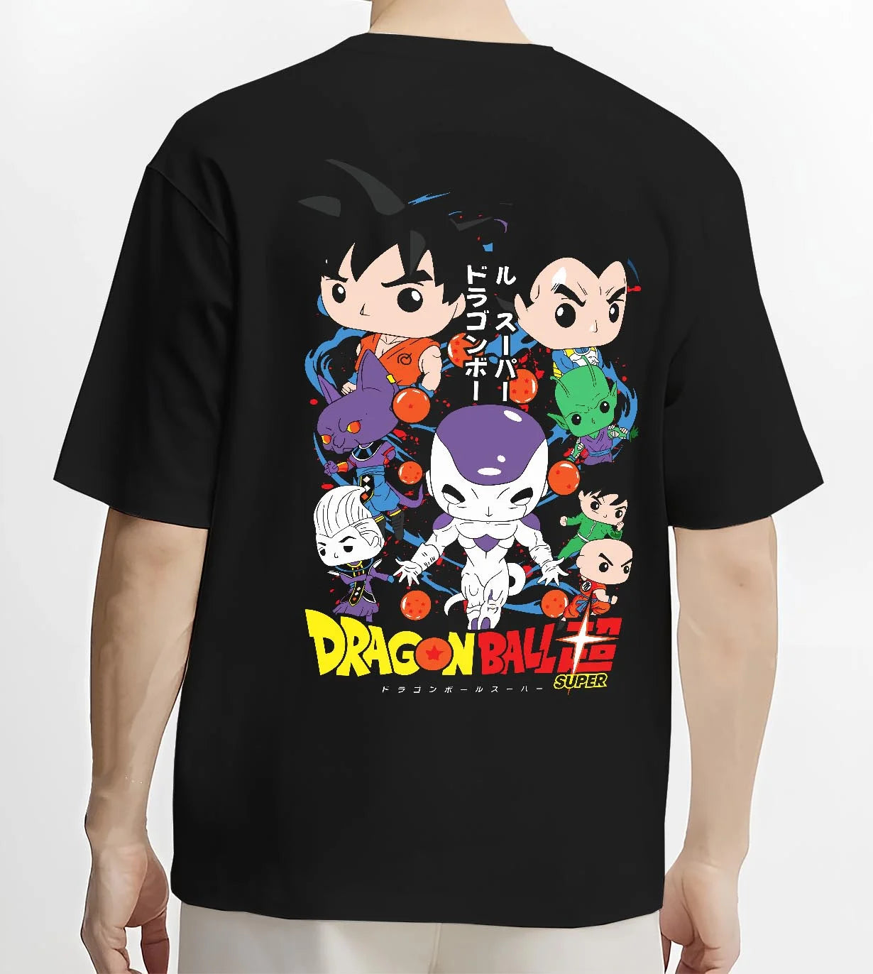 Black T-shirt worn by male model, back view with Dragon Ball Hoodie Villains Retro Anime Poster Art graphic streetwear graphic.
