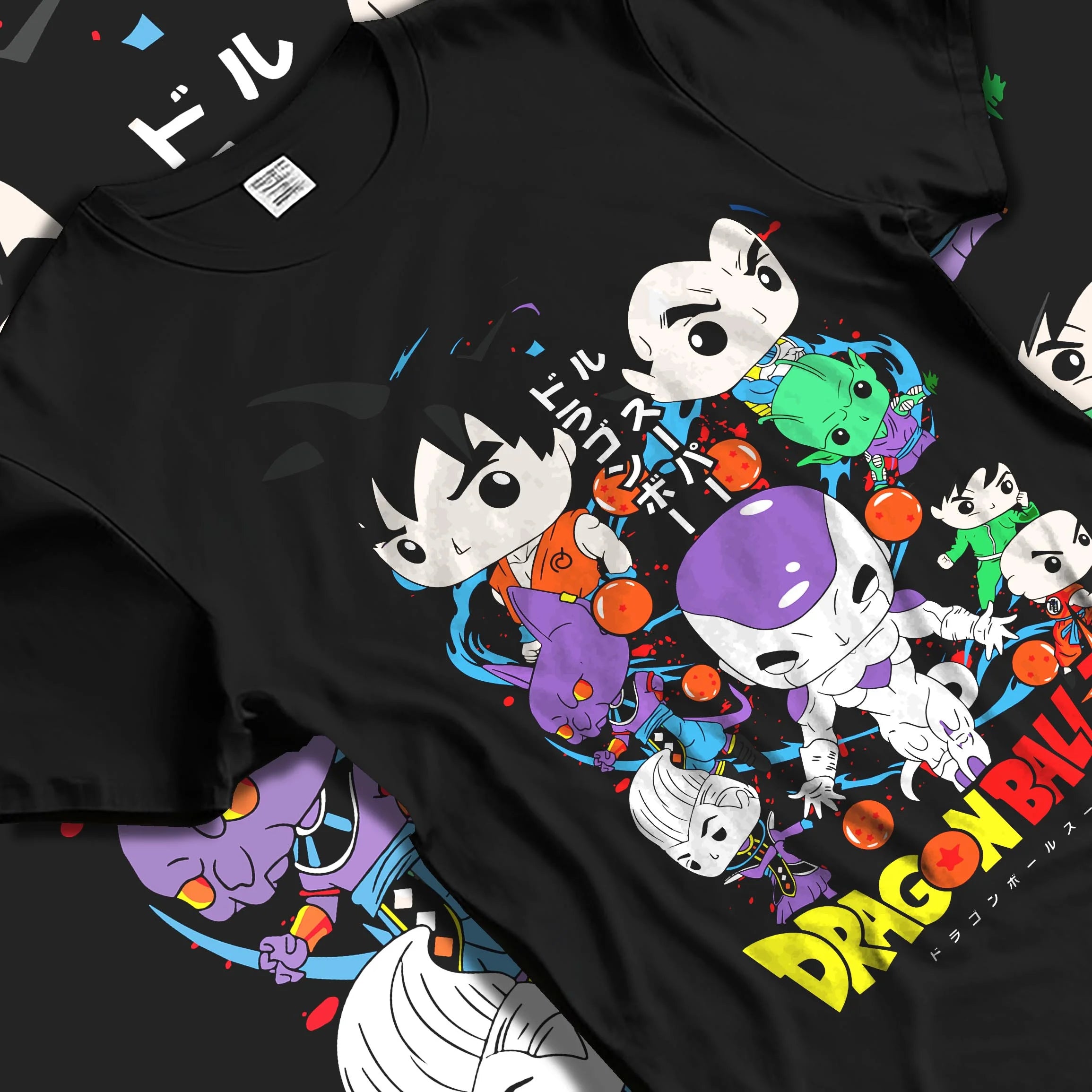 Black T-shirt laid flat with natural folds with Dragon Ball Hoodie Villains Retro Anime Poster Art graphic bold anime graphic.