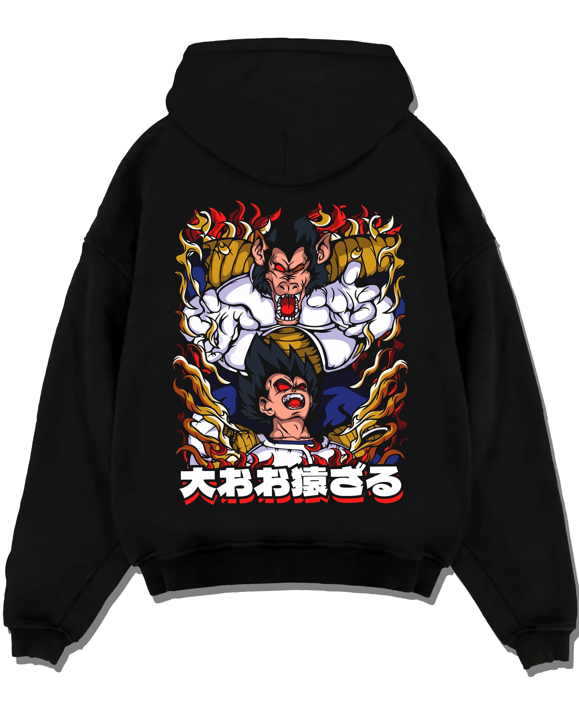 Black pullover hoodie laid flat with Vegeta Hoodie Dragon Ball GT Saiyan Rage Ape Form graphic premium wear.