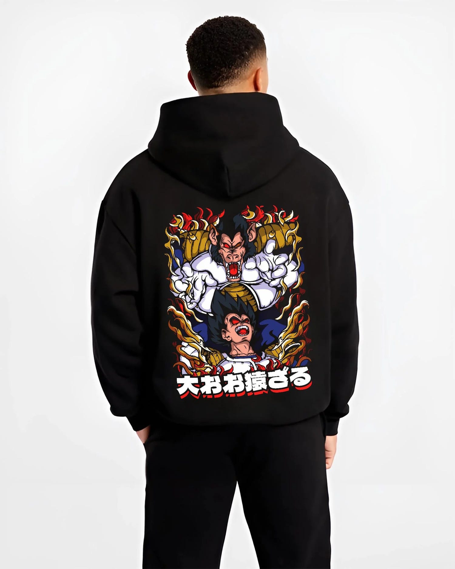 Black hoodie worn by male model, back view with Vegeta Hoodie Dragon Ball GT Saiyan Rage Ape Form graphic premium wear.